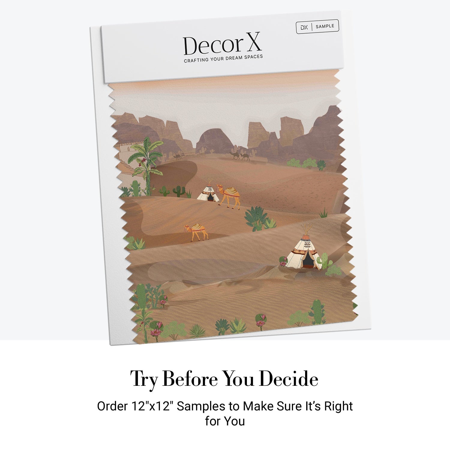 Artistic desert landscape with camels and tents in muted earth tones and palm trees - view 7 - final all-groups samples