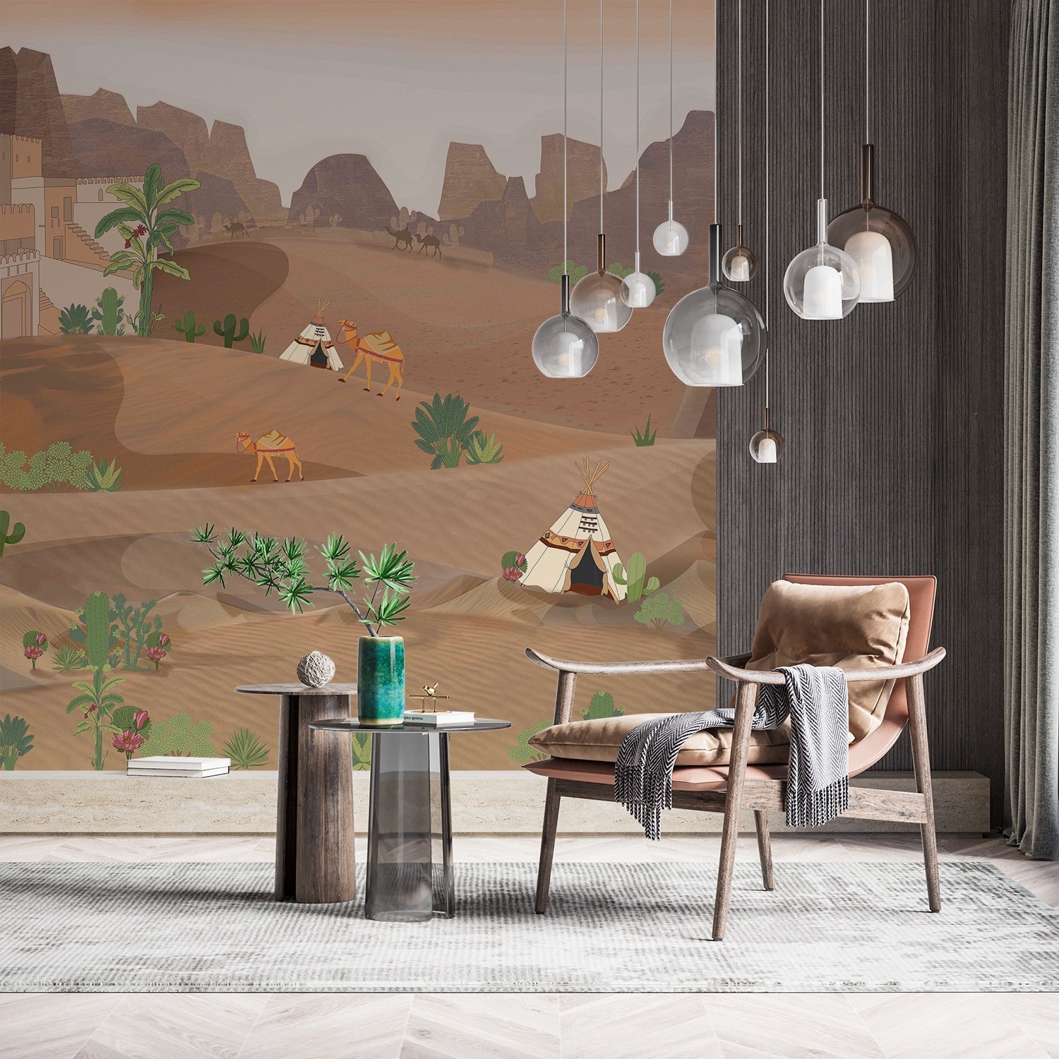 Artistic desert landscape with camels and tents in muted earth tones and palm trees - final hobby-room