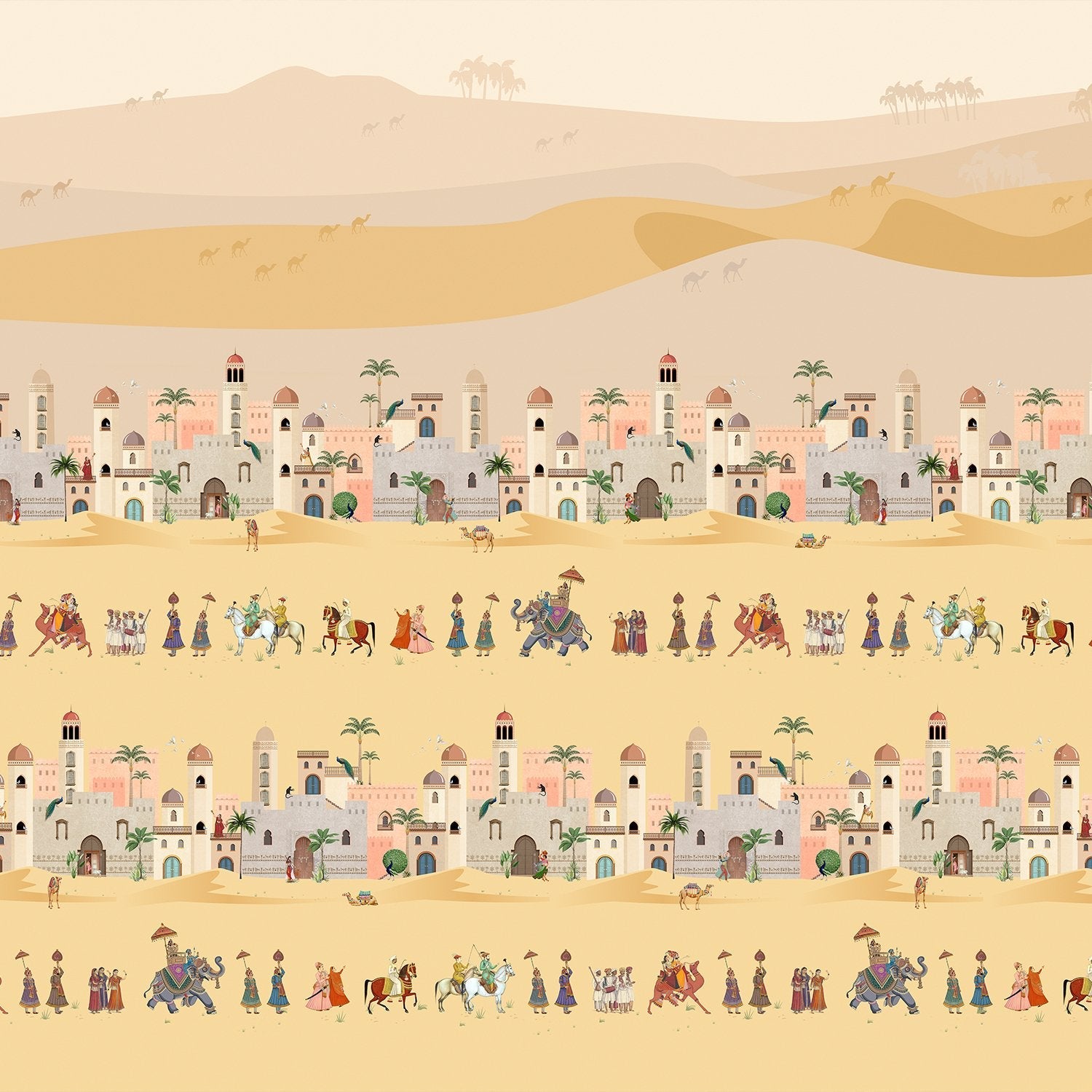 Traditional Middle Eastern desert scene with repeating palace architecture and cultural procession motifs - view 2 - final