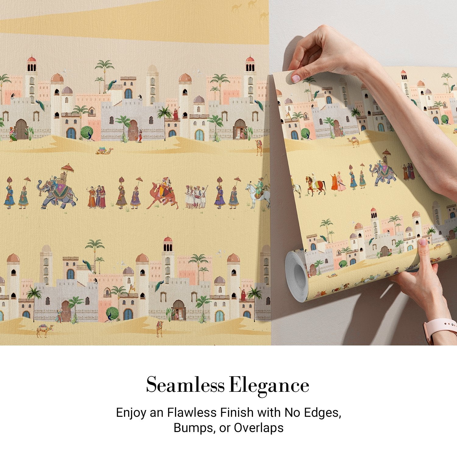 Traditional Middle Eastern desert scene with repeating palace architecture and cultural procession motifs - view 3 - final