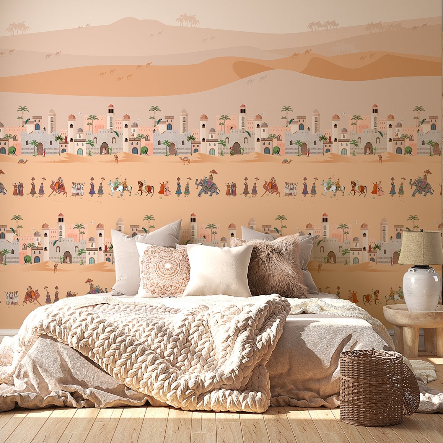 Traditional Middle Eastern desert scene with repeating palace architecture and cultural procession motifs - view 7 - final