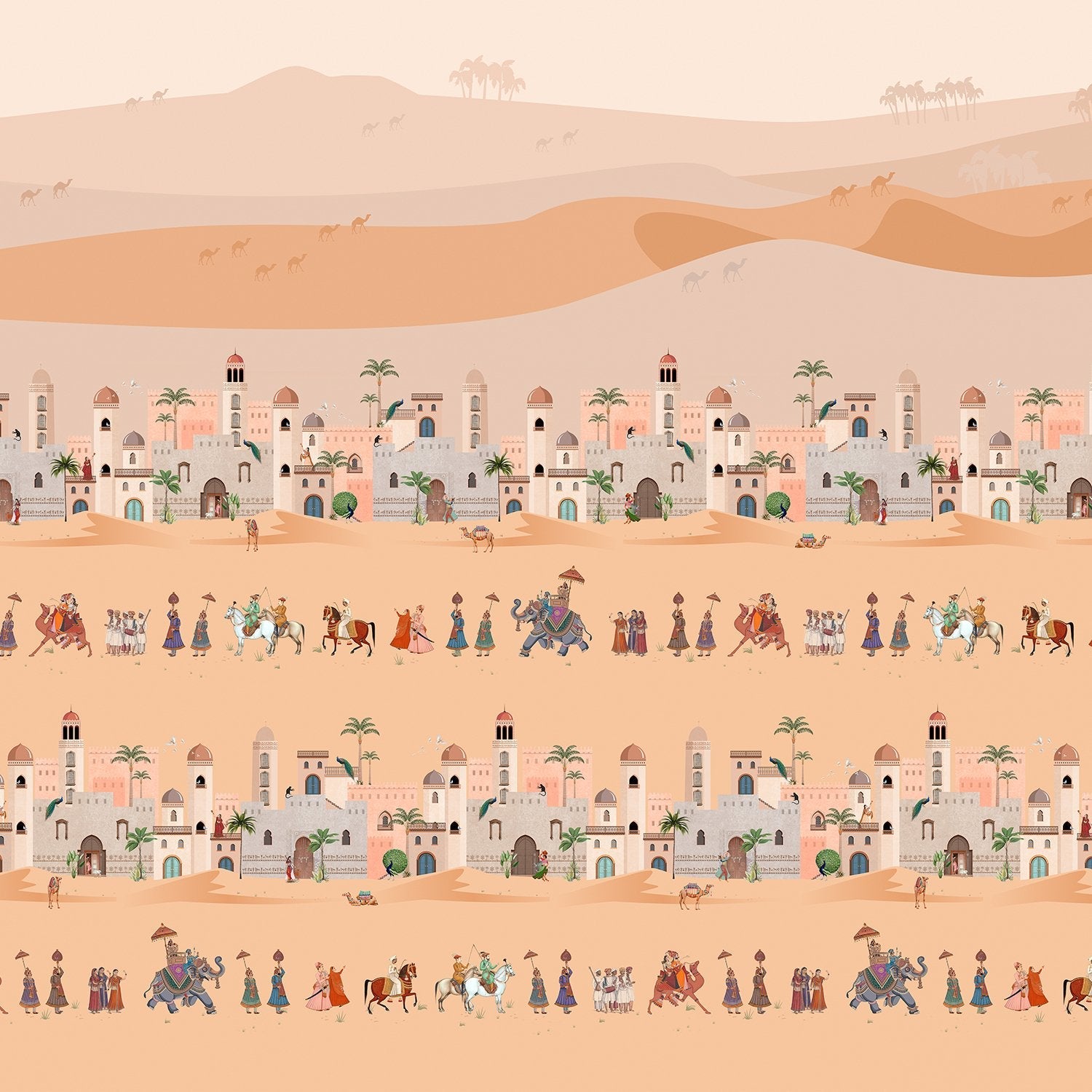 Traditional Middle Eastern desert scene with repeating palace architecture and cultural procession motifs - view 8 - final