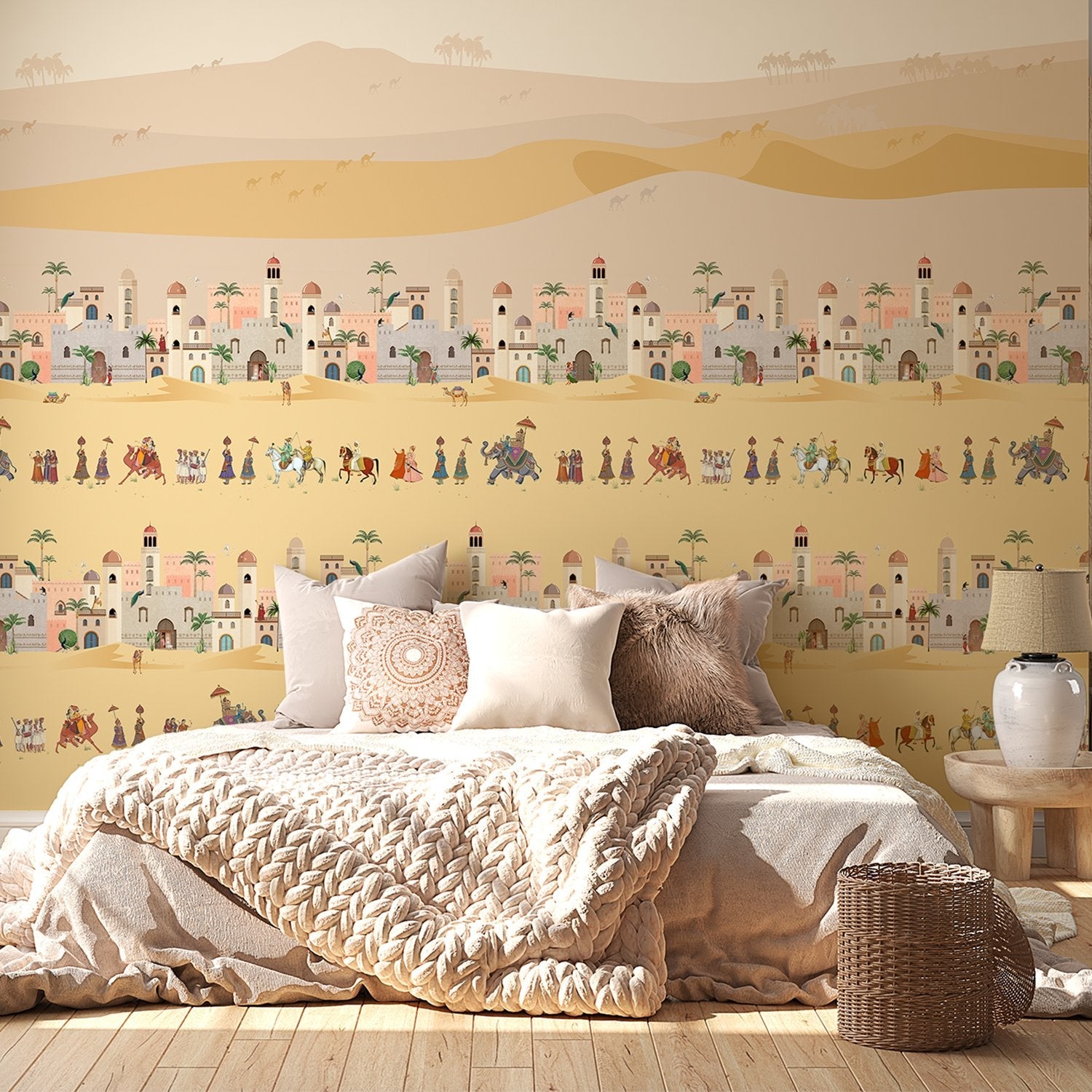 Traditional Middle Eastern desert scene with repeating palace architecture and cultural procession motifs - final bed-room
