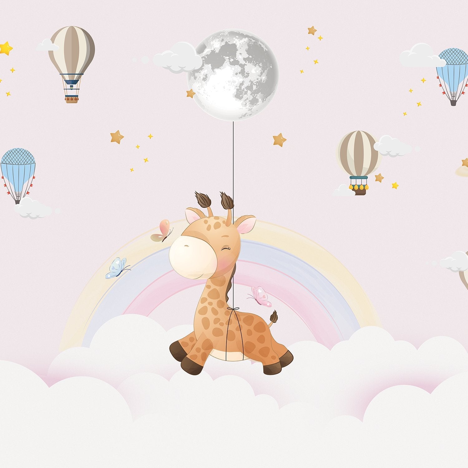 Whimsical giraffe swinging from moon with hot air balloons and pastel rainbow background - view 12 - final