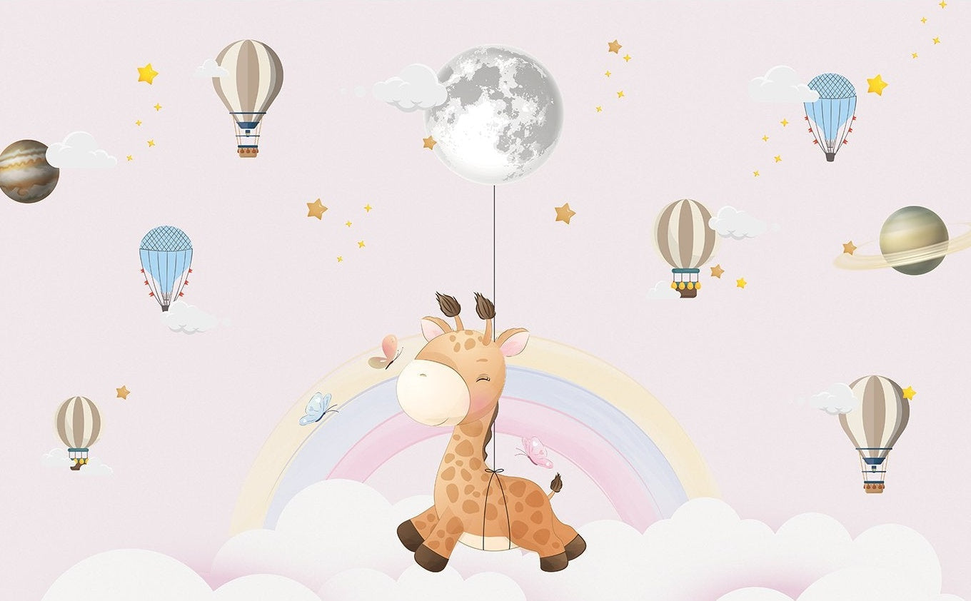 "Dreamy giraffe hot air balloon kids wallpaper mural in lea - kids wallpaper mural-inequal final"