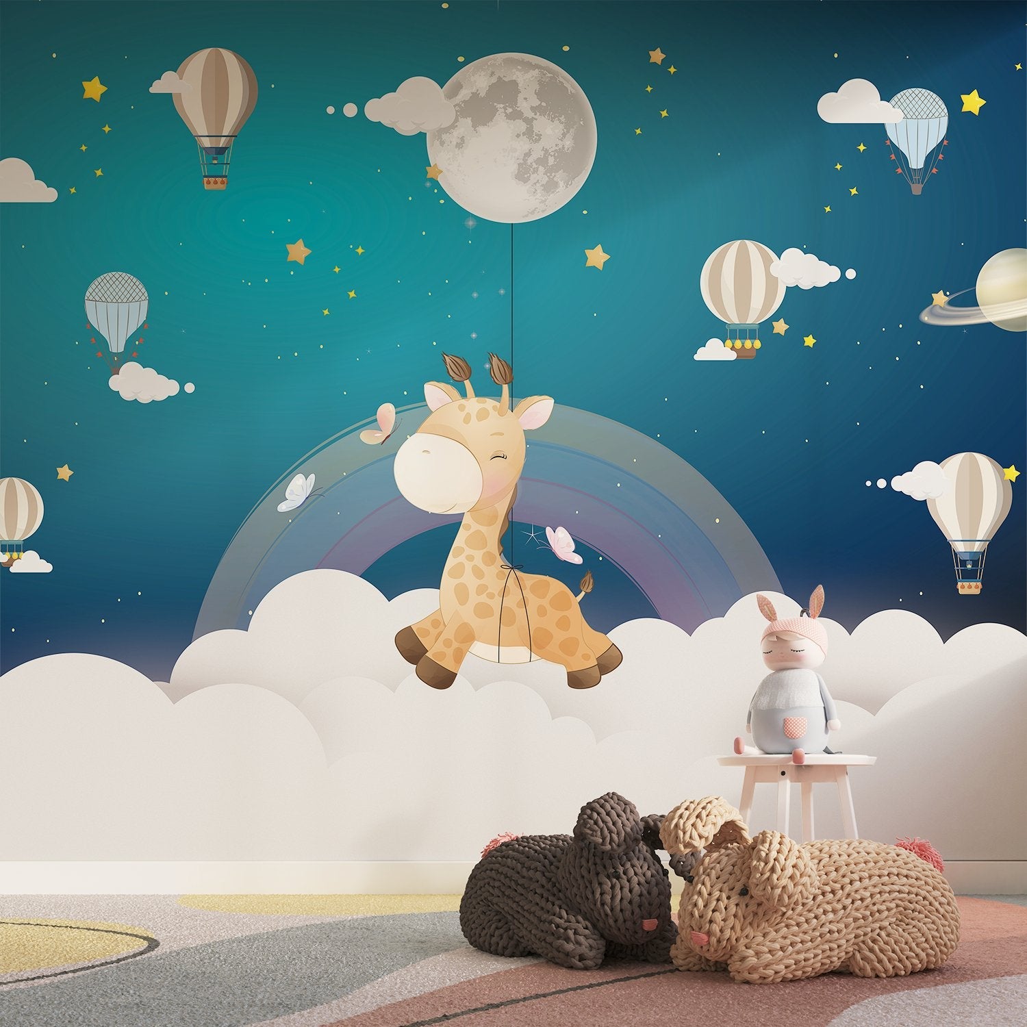 Whimsical giraffe swinging from moon with hot air balloons and pastel rainbow background - view 15 - final