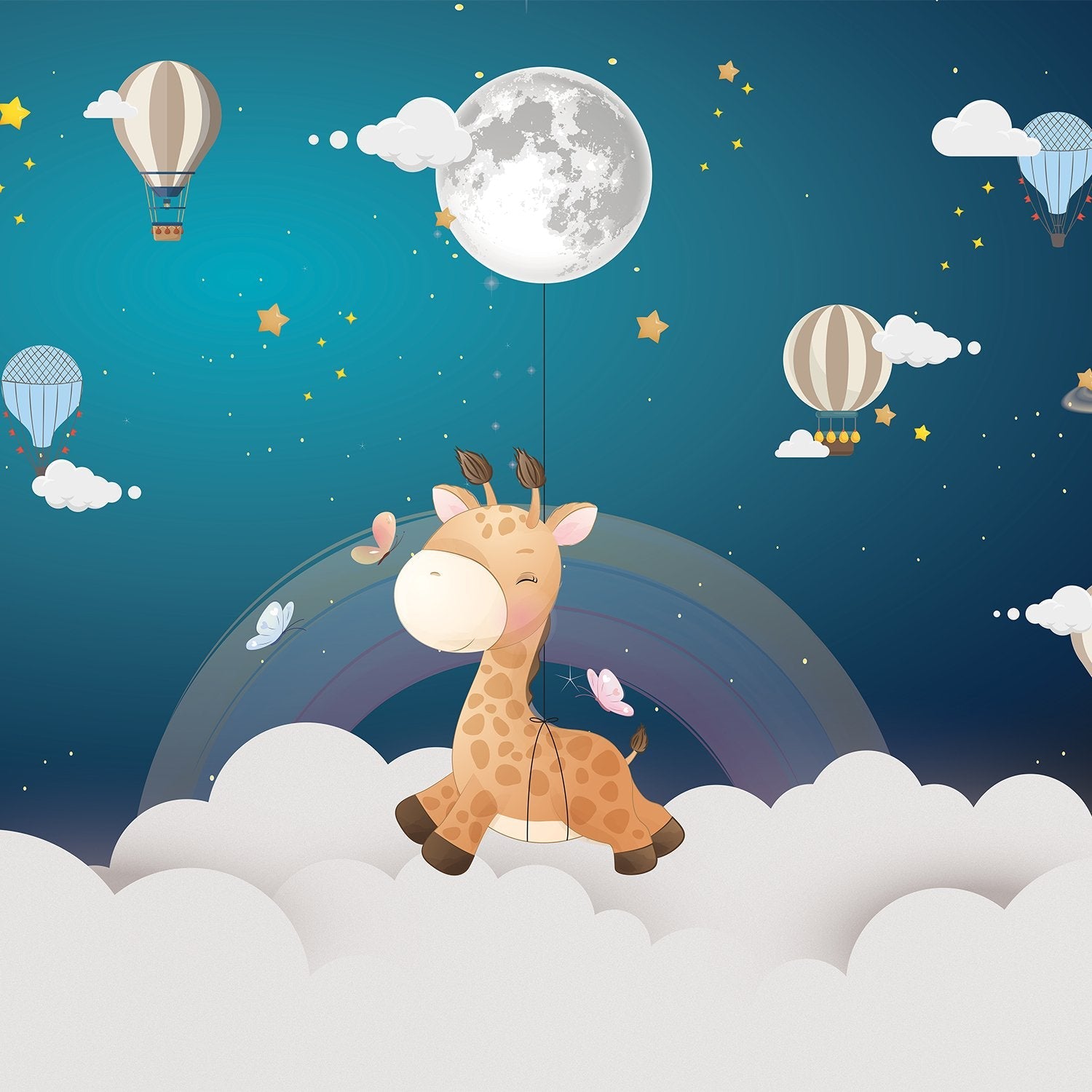 Whimsical giraffe swinging from moon with hot air balloons and pastel rainbow background - view 16 - final