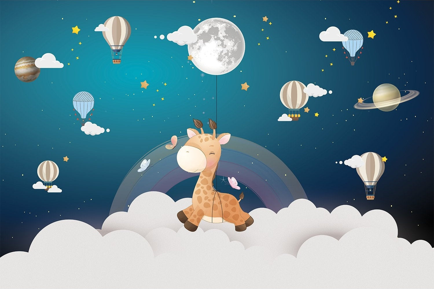 "Dreamy giraffe hot air balloon kids wallpaper mural in lea - kids wallpaper mural-inequal final"