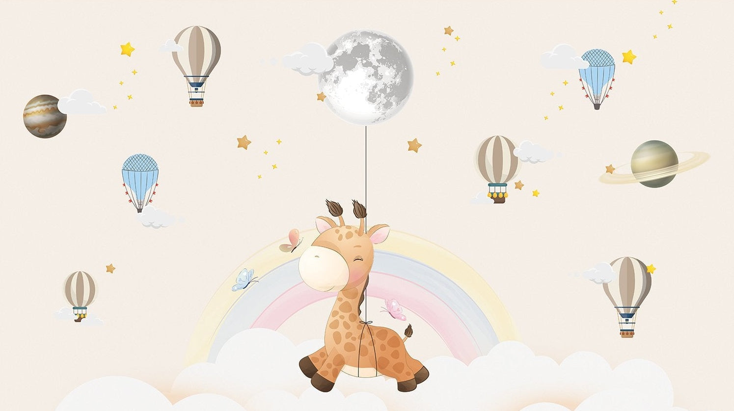 "Dreamy giraffe hot air balloon kids wallpaper mural in lea - kids wallpaper mural-inequal final"