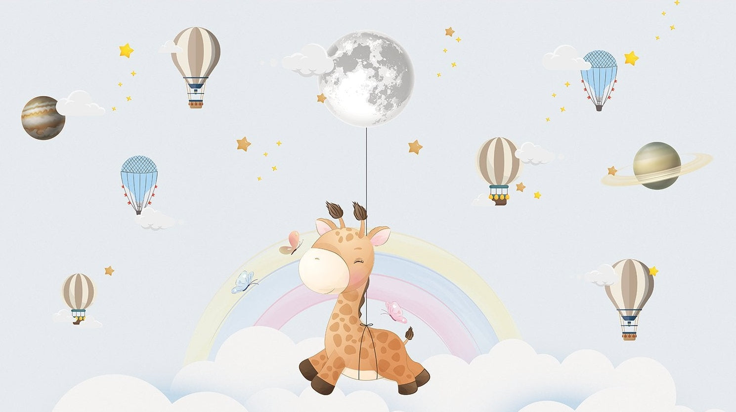 "Dreamy giraffe hot air balloon kids wallpaper mural in lea - kids wallpaper mural-inequal final"