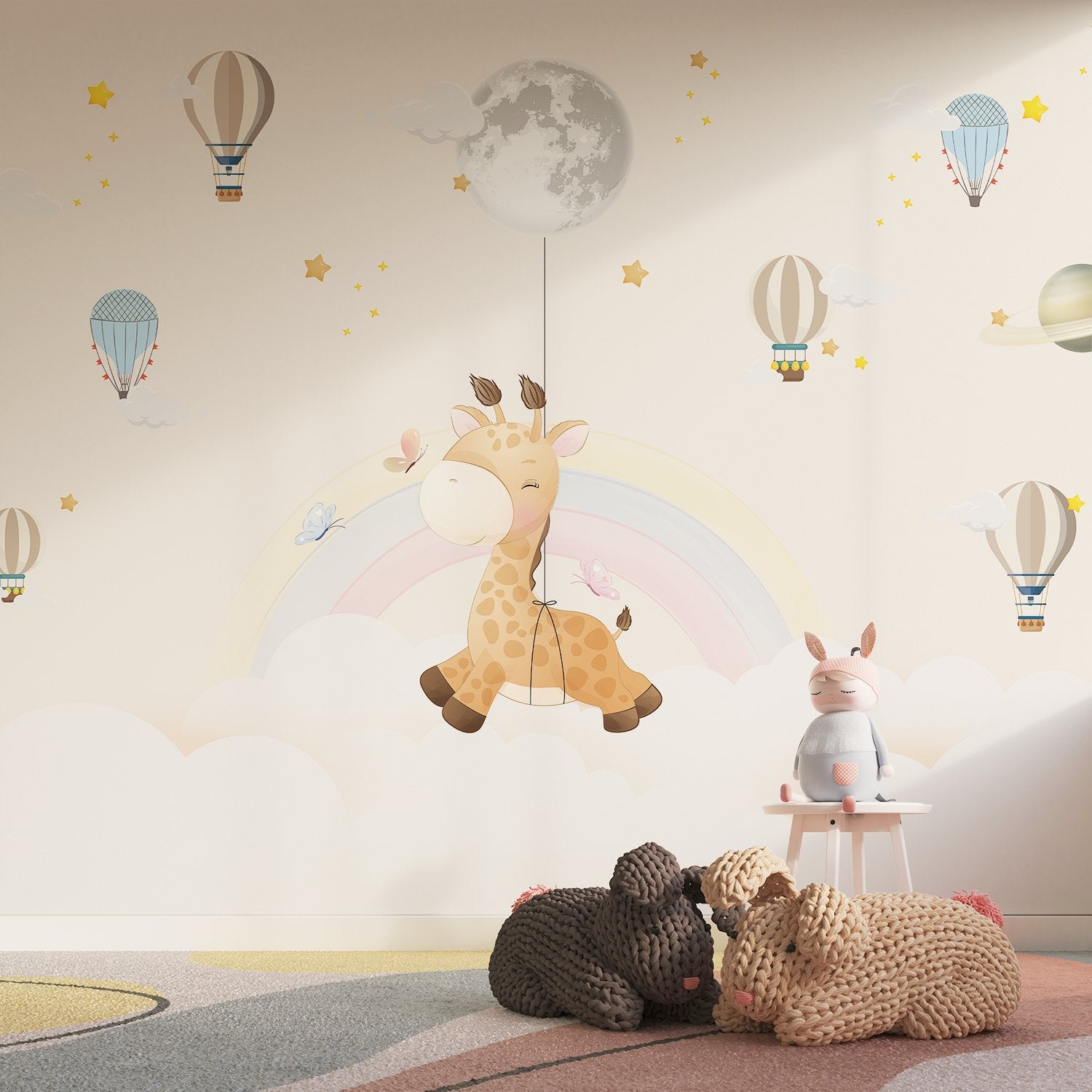 Whimsical giraffe swinging from moon with hot air balloons and pastel rainbow background - final kids-room