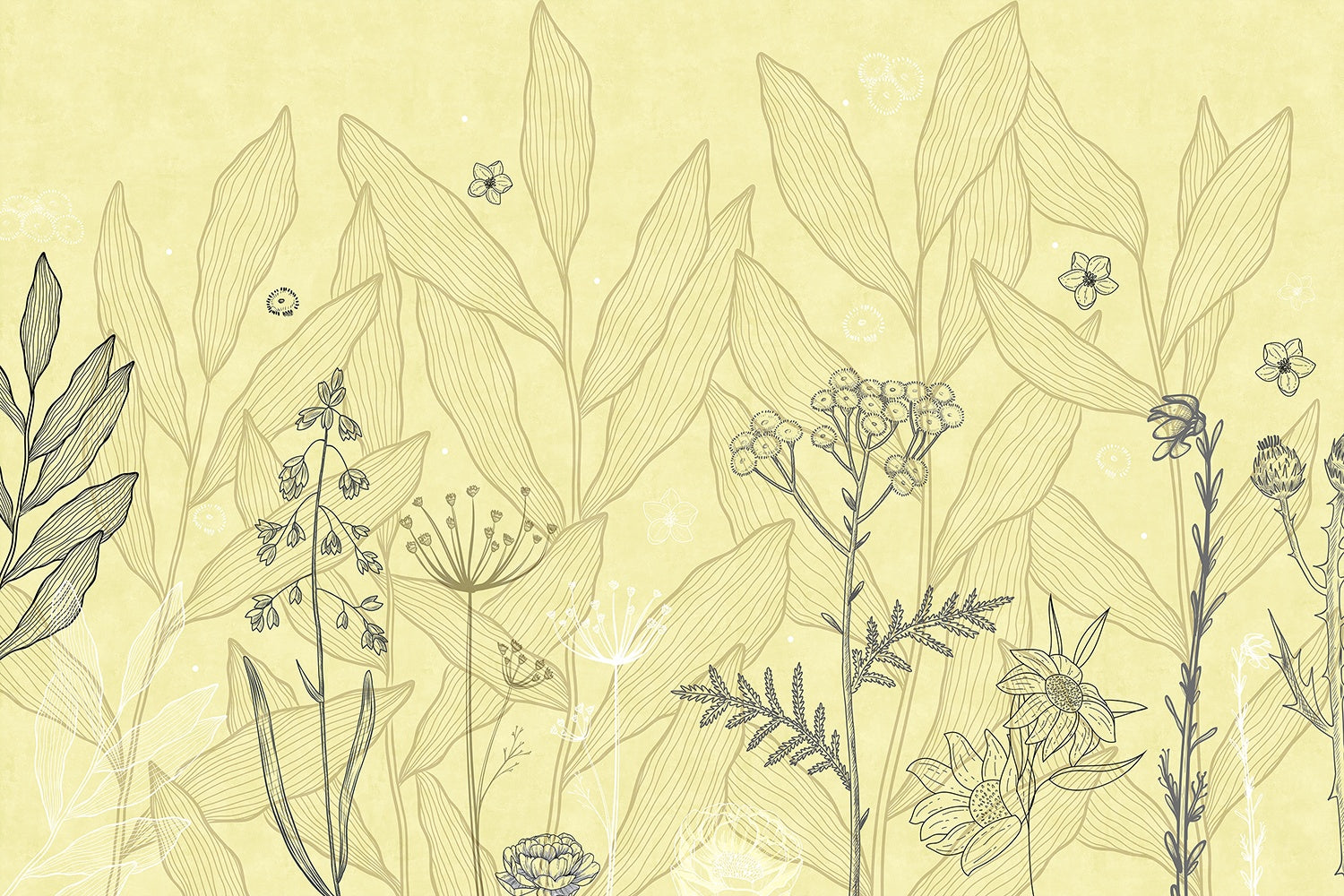 "Minimalist yellow floral sketch design - tropical wallpaper mural-inequal final"
