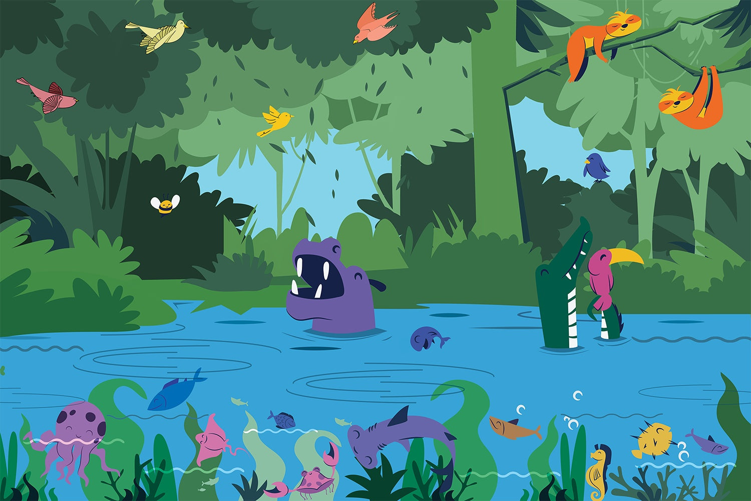 Lively blue forest creatures kids wallpaper mural-inequal final