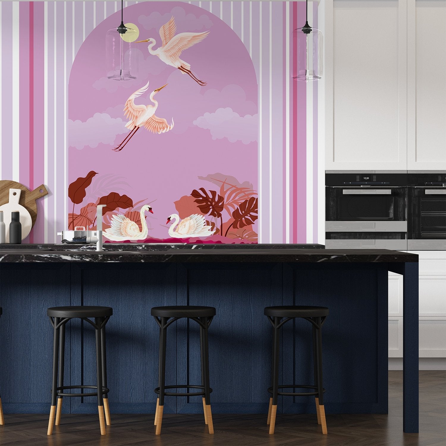 Graceful white swans and cranes against blue striped wall with tropical foliage accents - view 11 - final