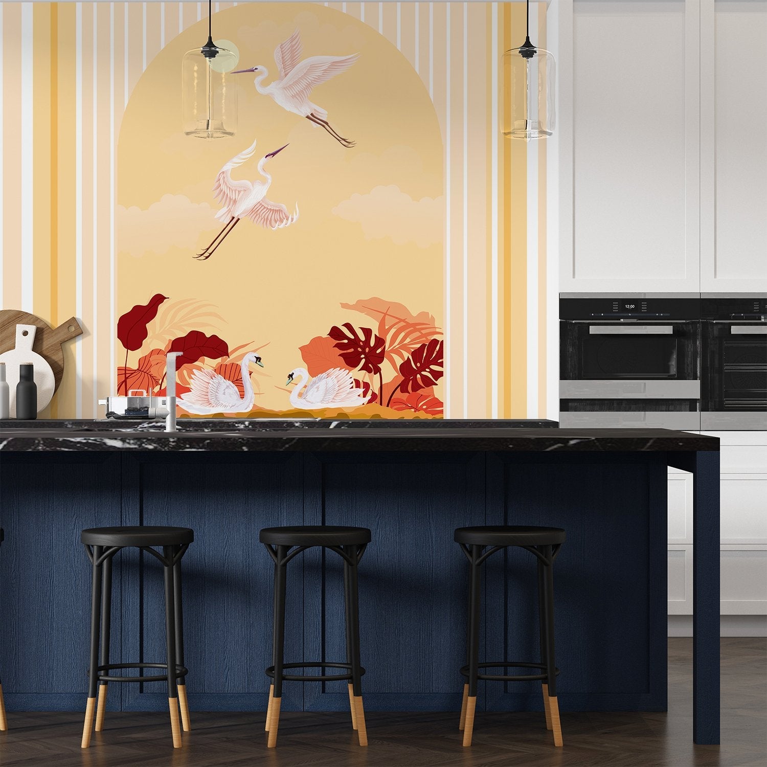 Graceful white swans and cranes against blue striped wall with tropical foliage accents - view 15 - final