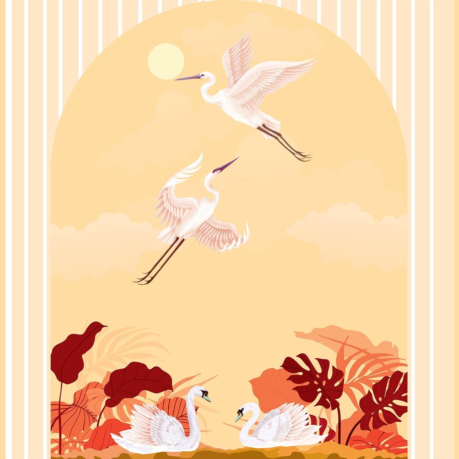 Graceful white swans and cranes against blue striped wall with tropical foliage accents - view 16 - final