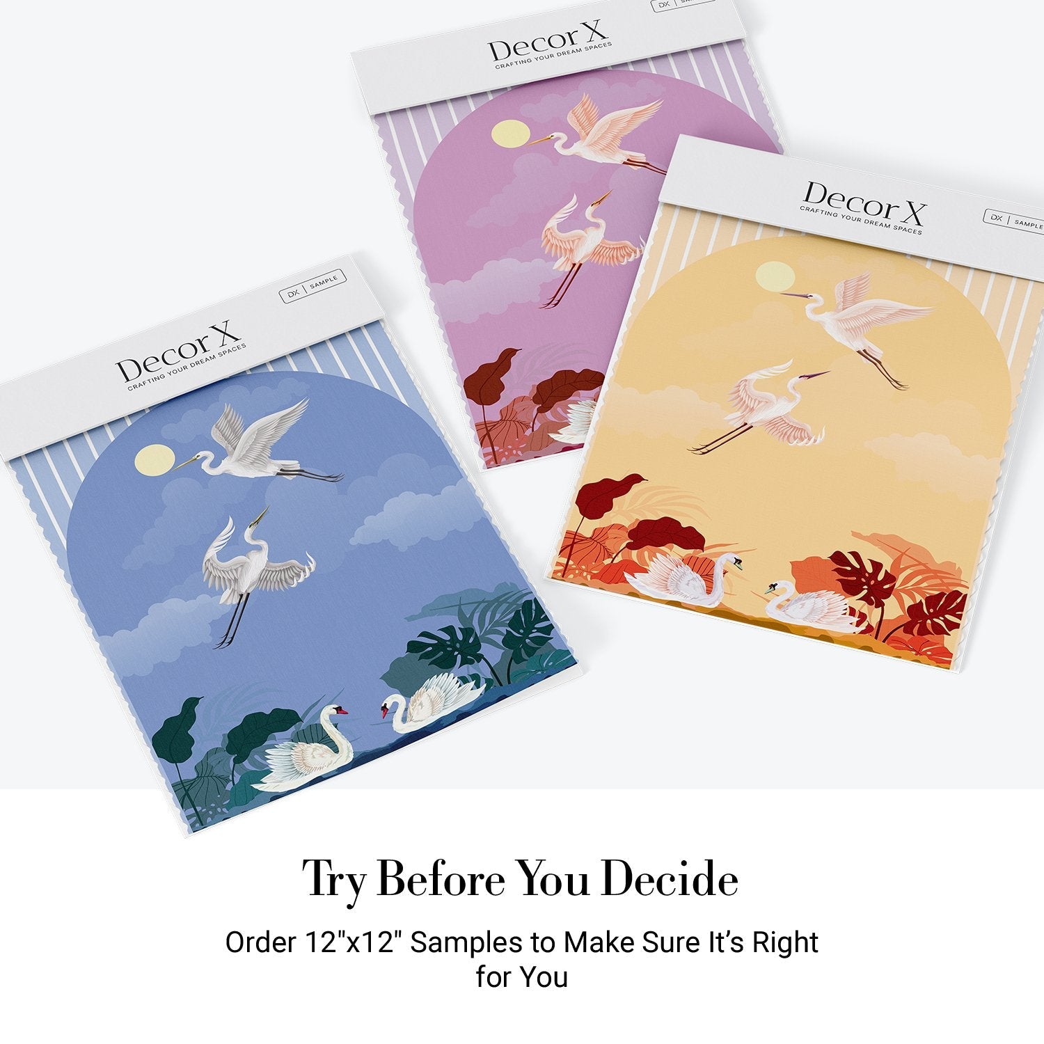 Graceful white swans and cranes against blue striped wall with tropical foliage accents - view 19 - final all-groups samples