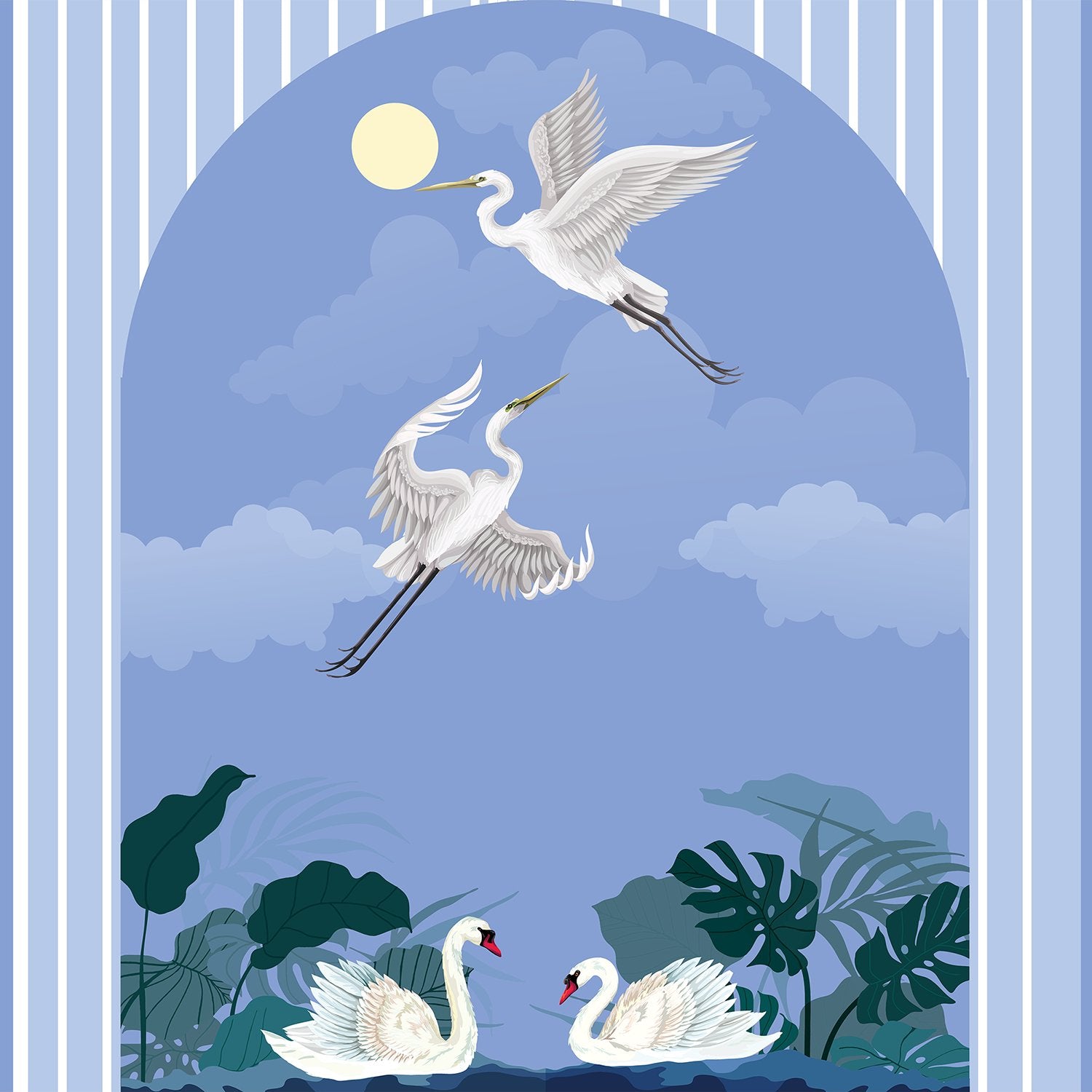Graceful white swans and cranes against blue striped wall with tropical foliage accents - view 2 - final