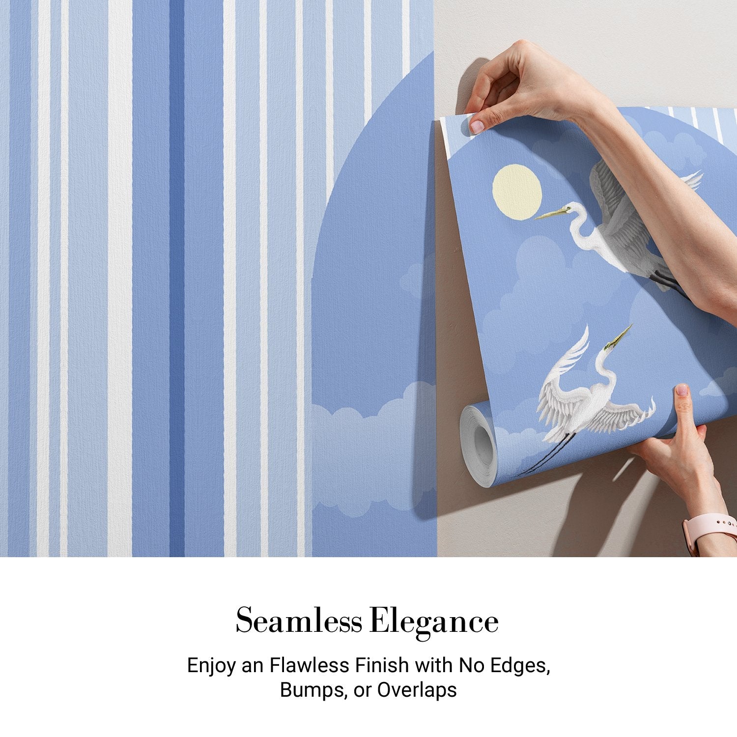 Graceful white swans and cranes against blue striped wall with tropical foliage accents - view 3 - final