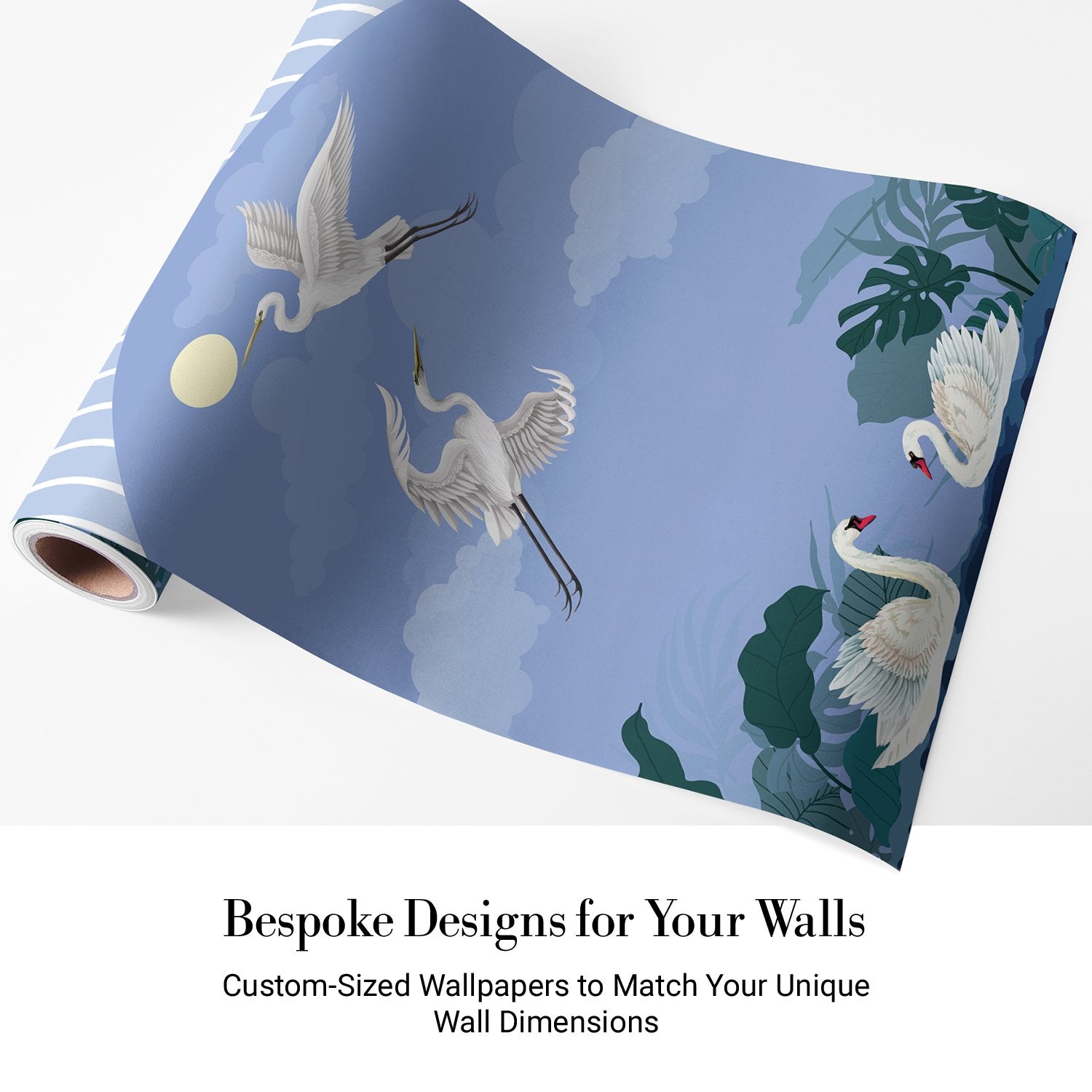 Graceful white swans and cranes against blue striped wall with tropical foliage accents - view 4 - final