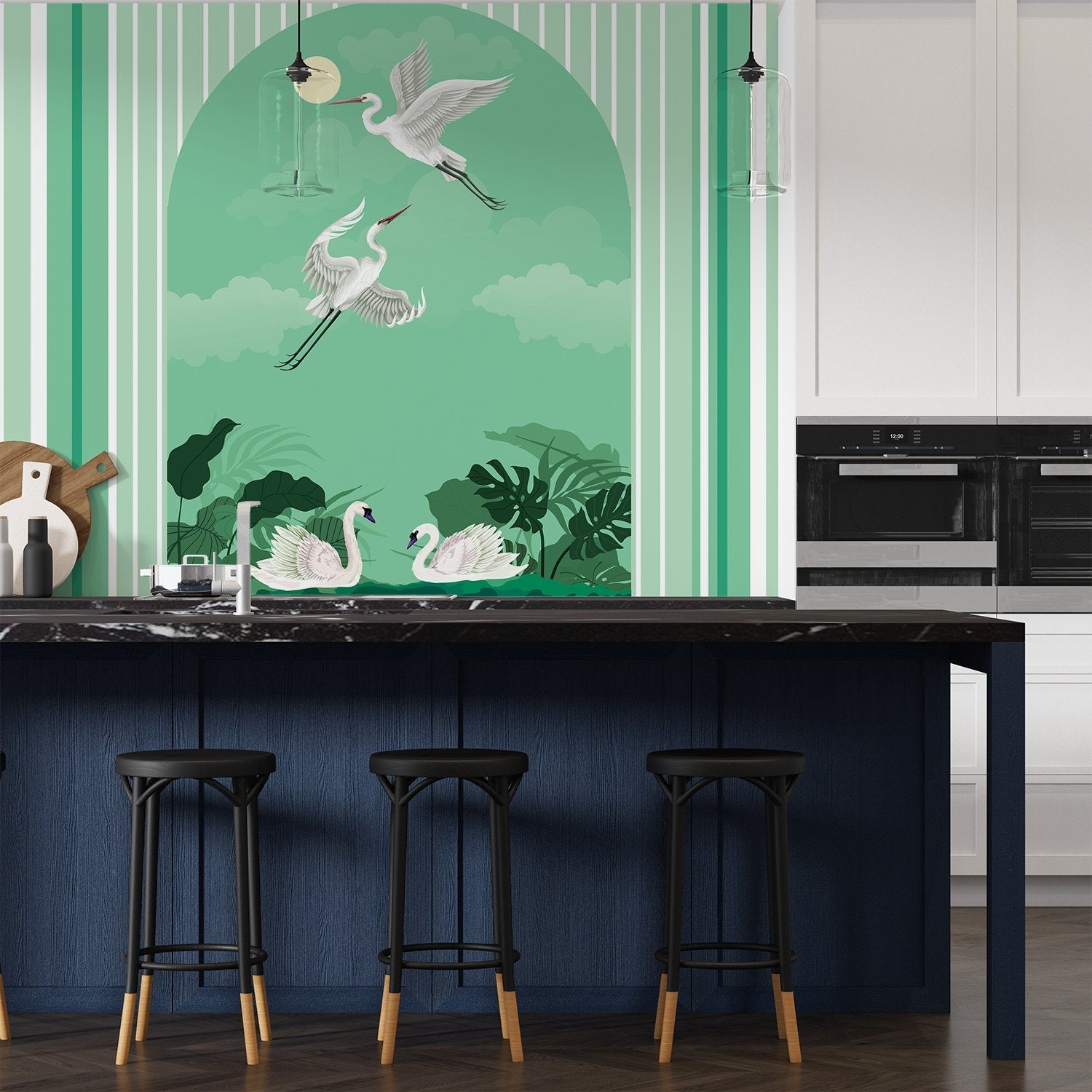 Graceful white swans and cranes against blue striped wall with tropical foliage accents - view 7 - final