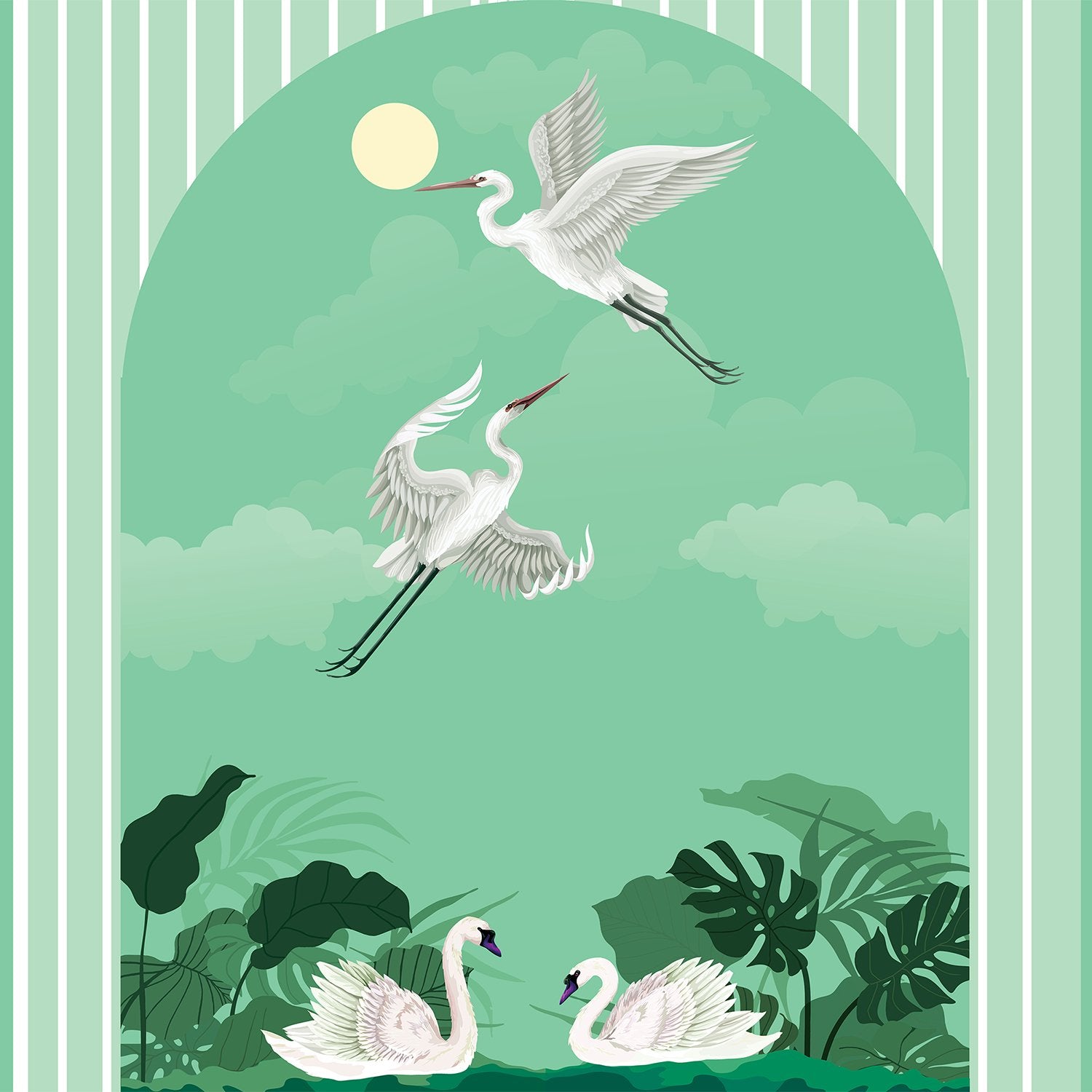 Graceful white swans and cranes against blue striped wall with tropical foliage accents - view 8 - final