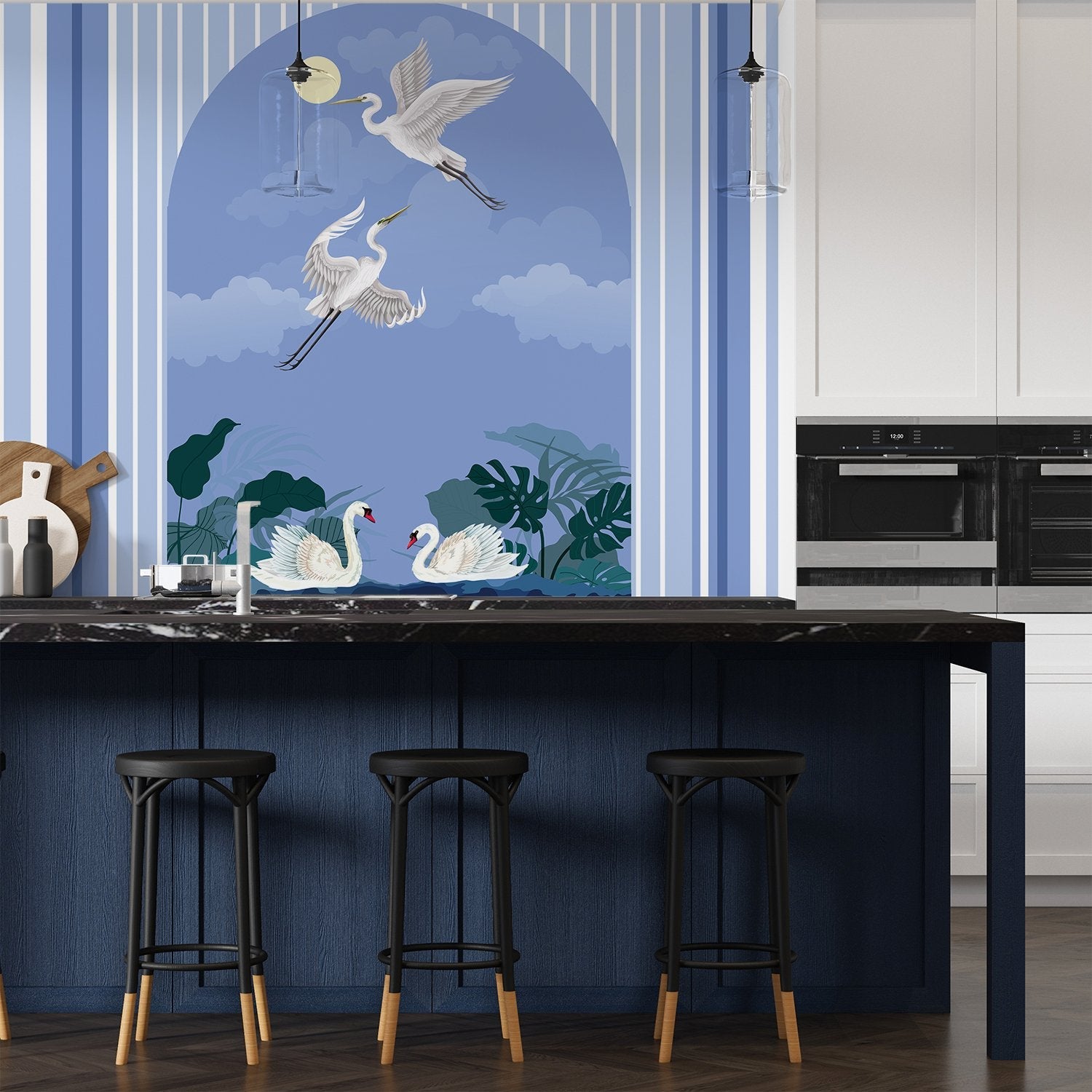 Graceful white swans and cranes against blue striped wall with tropical foliage accents - final kitchen