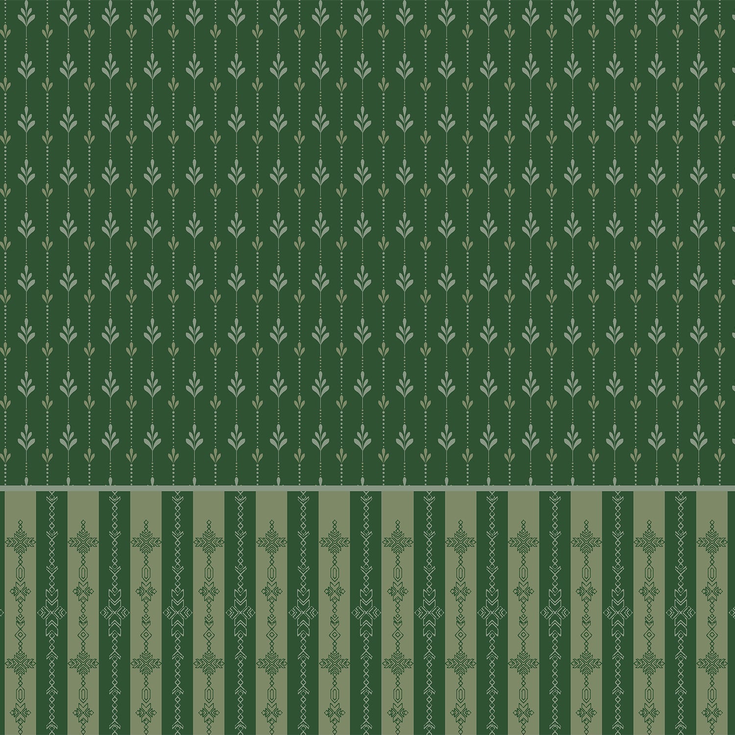 Vertical arrow motifs and stripes in deep green with modern floating shelves and furniture - view 2 - final