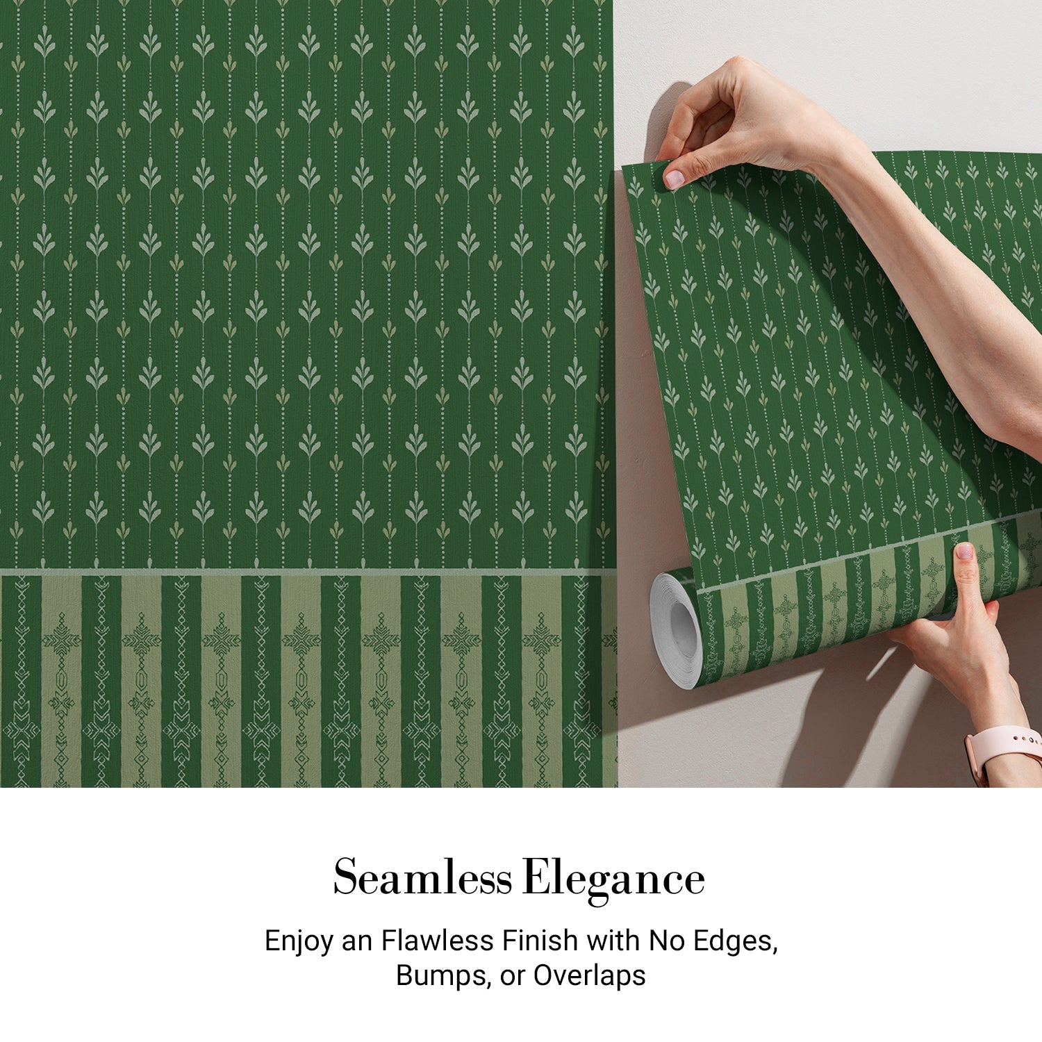 Vertical arrow motifs and stripes in deep green with modern floating shelves and furniture - view 3 - final