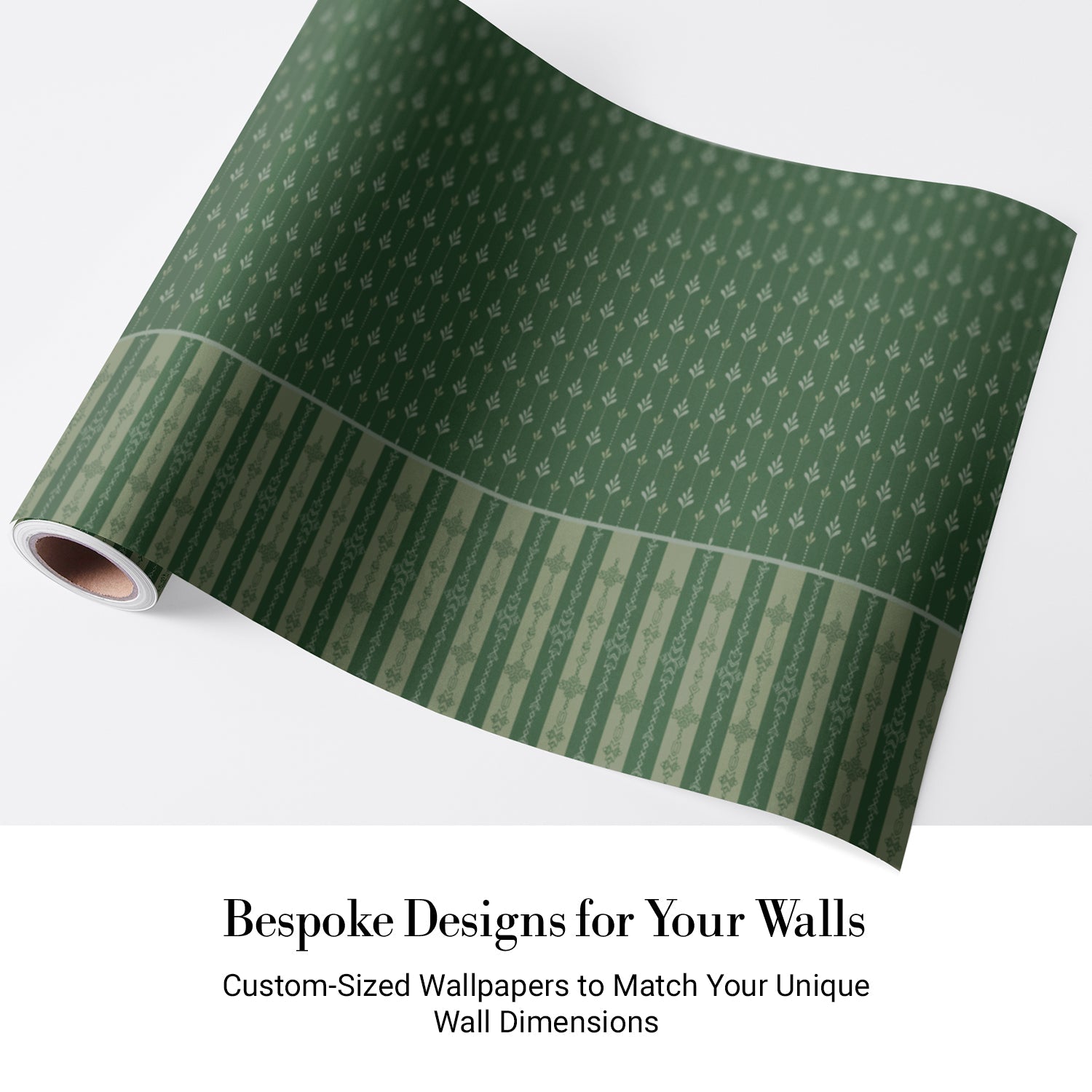 Vertical arrow motifs and stripes in deep green with modern floating shelves and furniture - view 4 - final