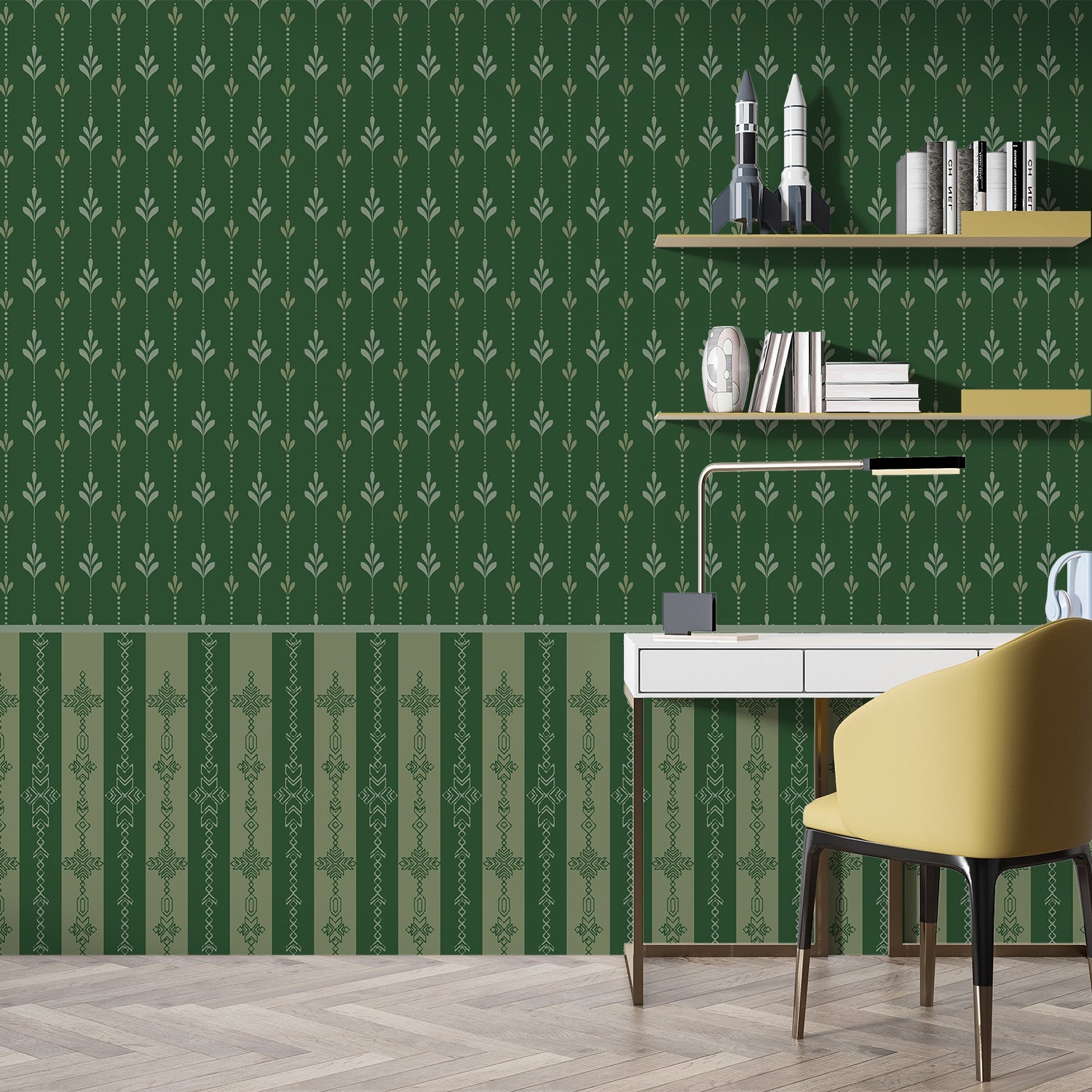 Vertical arrow motifs and stripes in deep green with modern floating shelves and furniture - final hobby-room