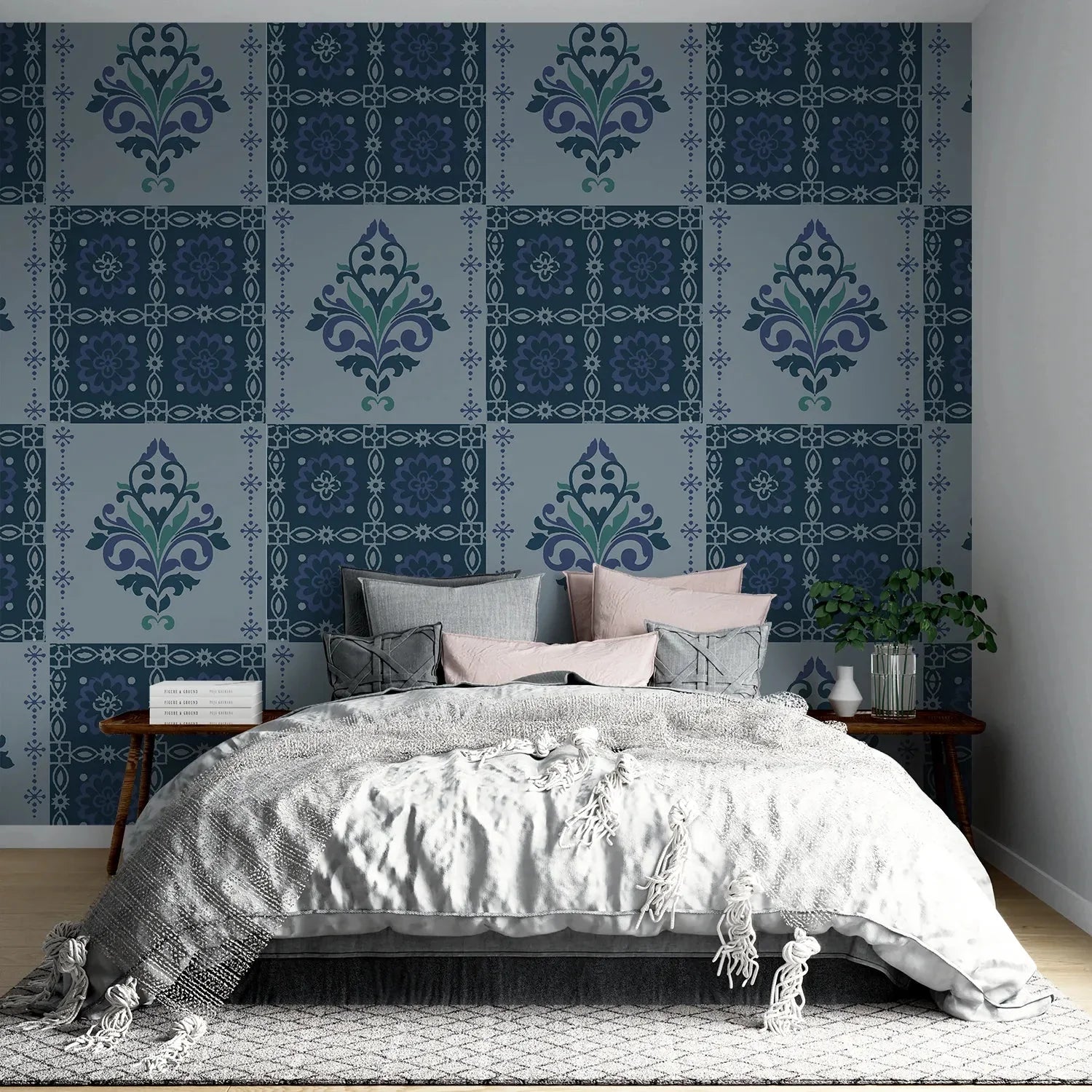 Alternating green damask medallions in checkerboard layout with ornate Victorian style decorative elements - view 11 - final