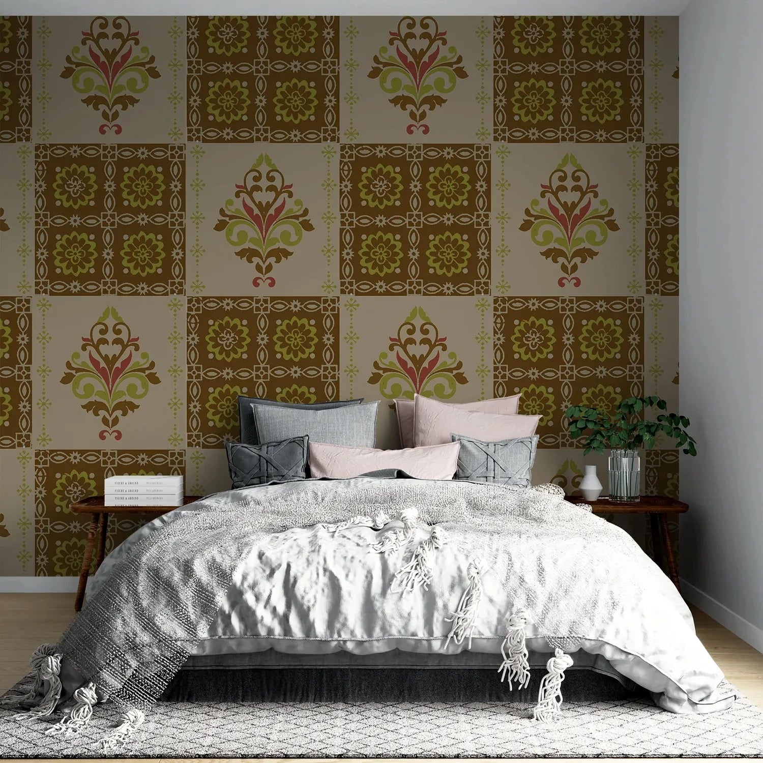 Alternating green damask medallions in checkerboard layout with ornate Victorian style decorative elements - view 17 - final