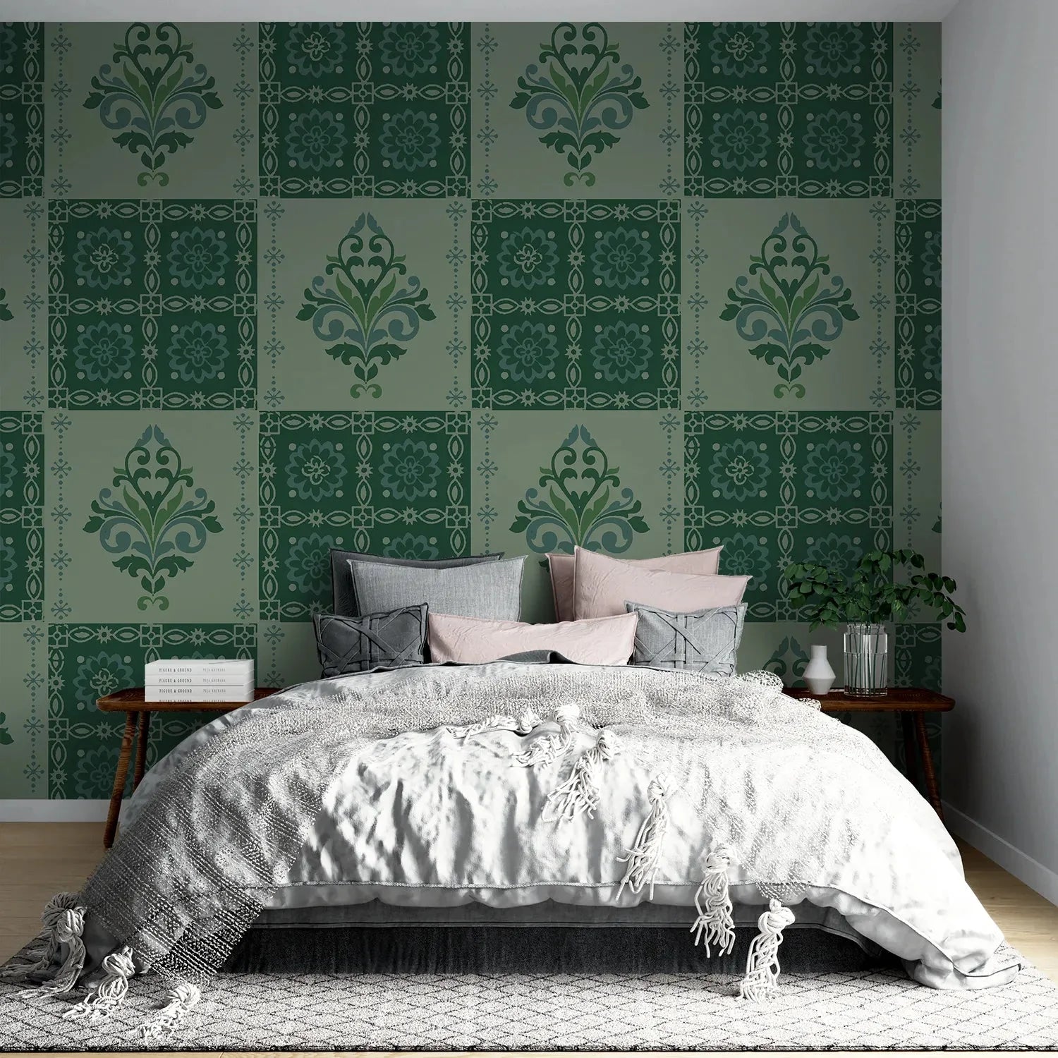 Alternating green damask medallions in checkerboard layout with ornate Victorian style decorative elements - view 2 - final bed-room