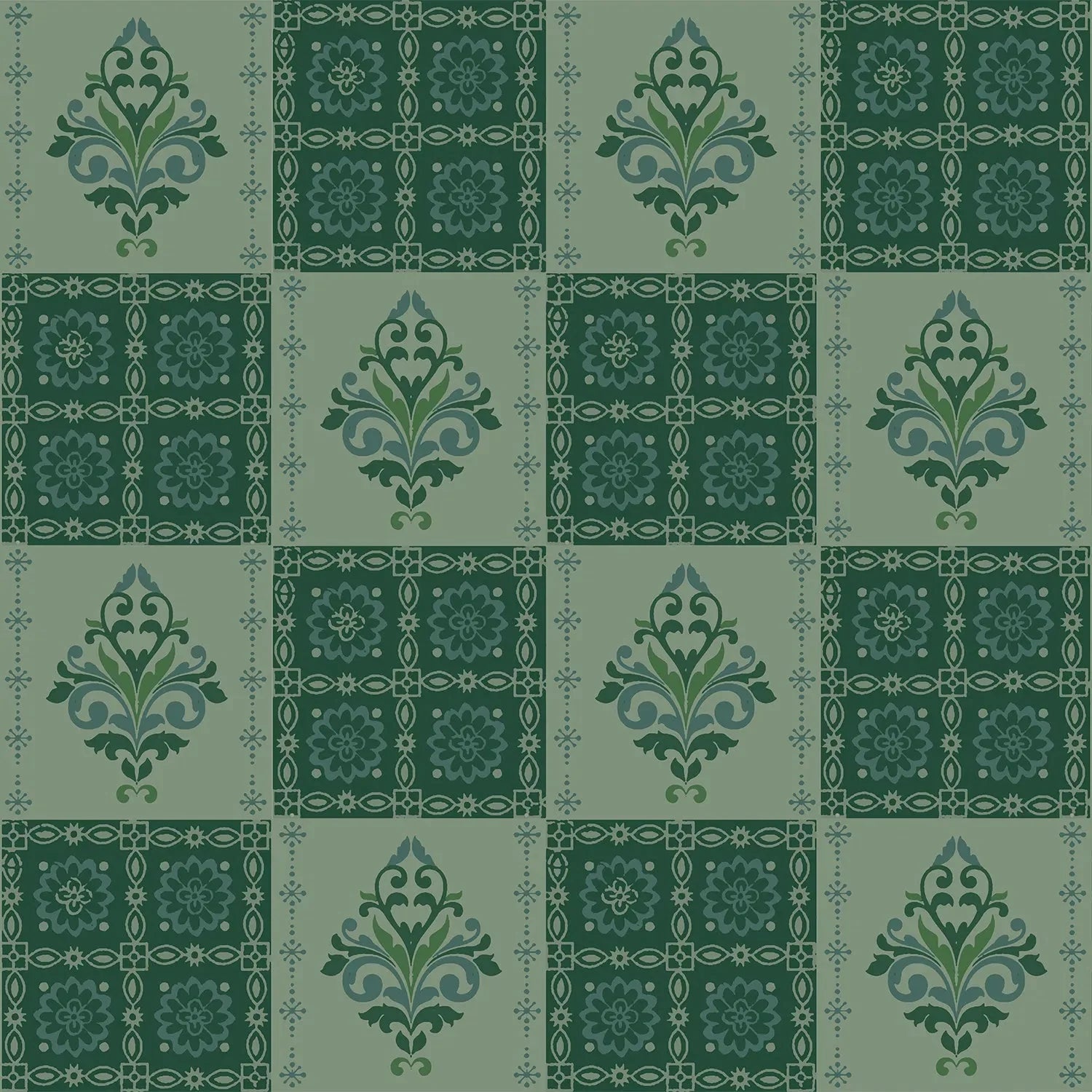 Alternating green damask medallions in checkerboard layout with ornate Victorian style decorative elements - view 3 - final
