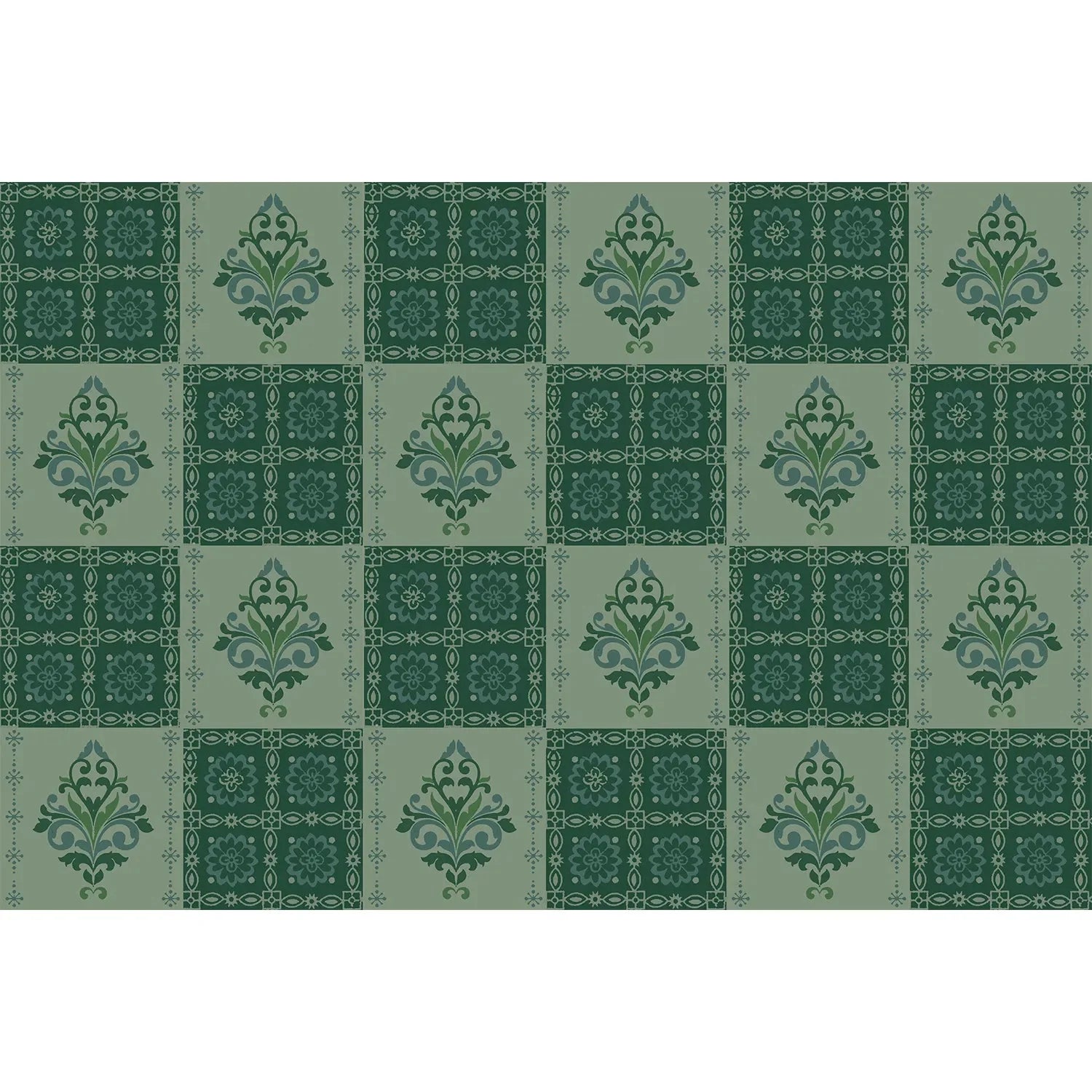 Alternating green damask medallions in checkerboard layout with ornate Victorian style decorative elements - view 6 - repeat-full-square - final