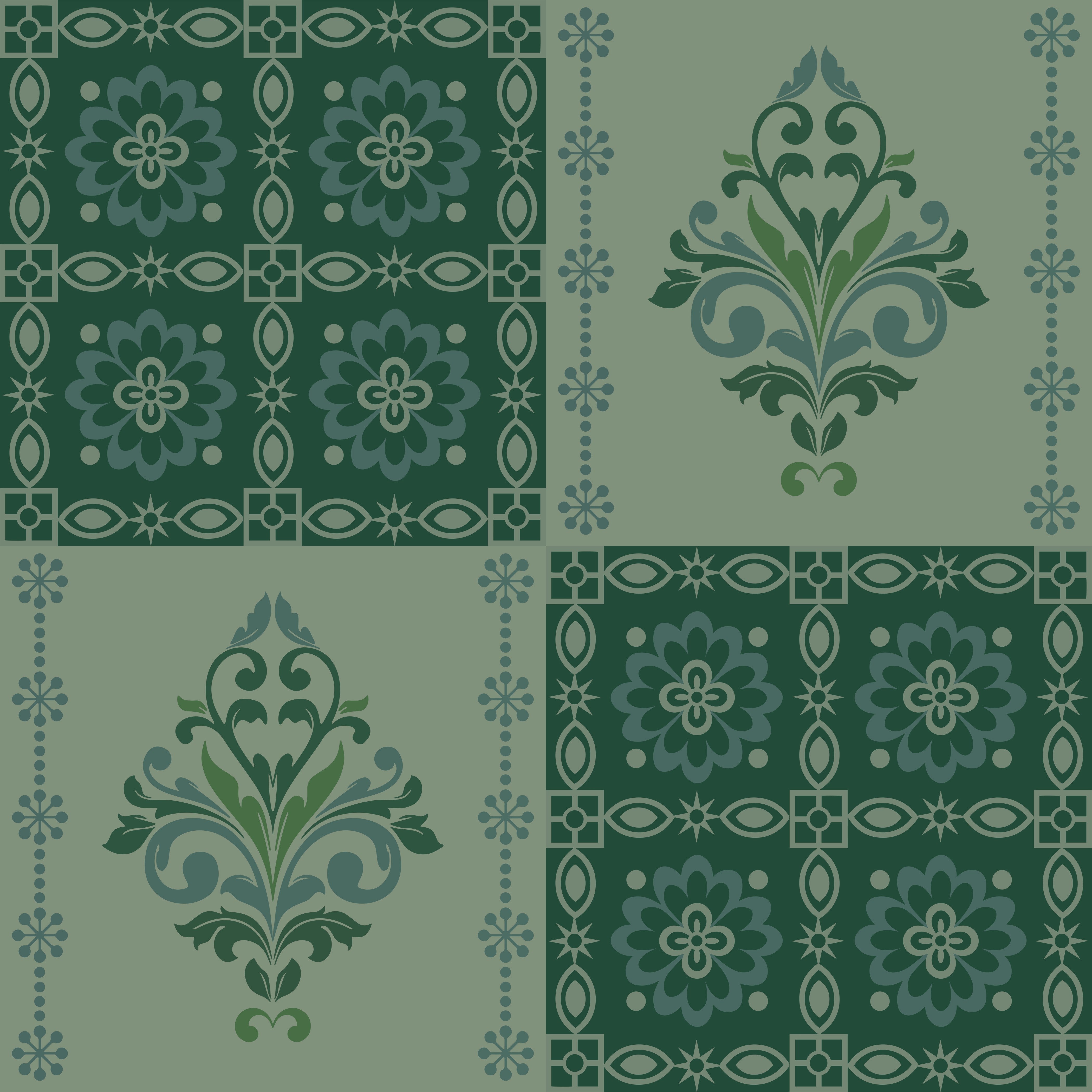 Alternating green damask medallions in checkerboard layout with ornate Victorian style decorative elements - view 7 - repeat-original - final