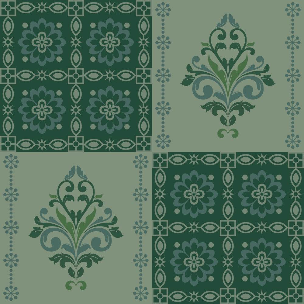 Alternating green damask medallions in checkerboard layout with ornate Victorian style decorative elements - view 8 - repeat-small - final