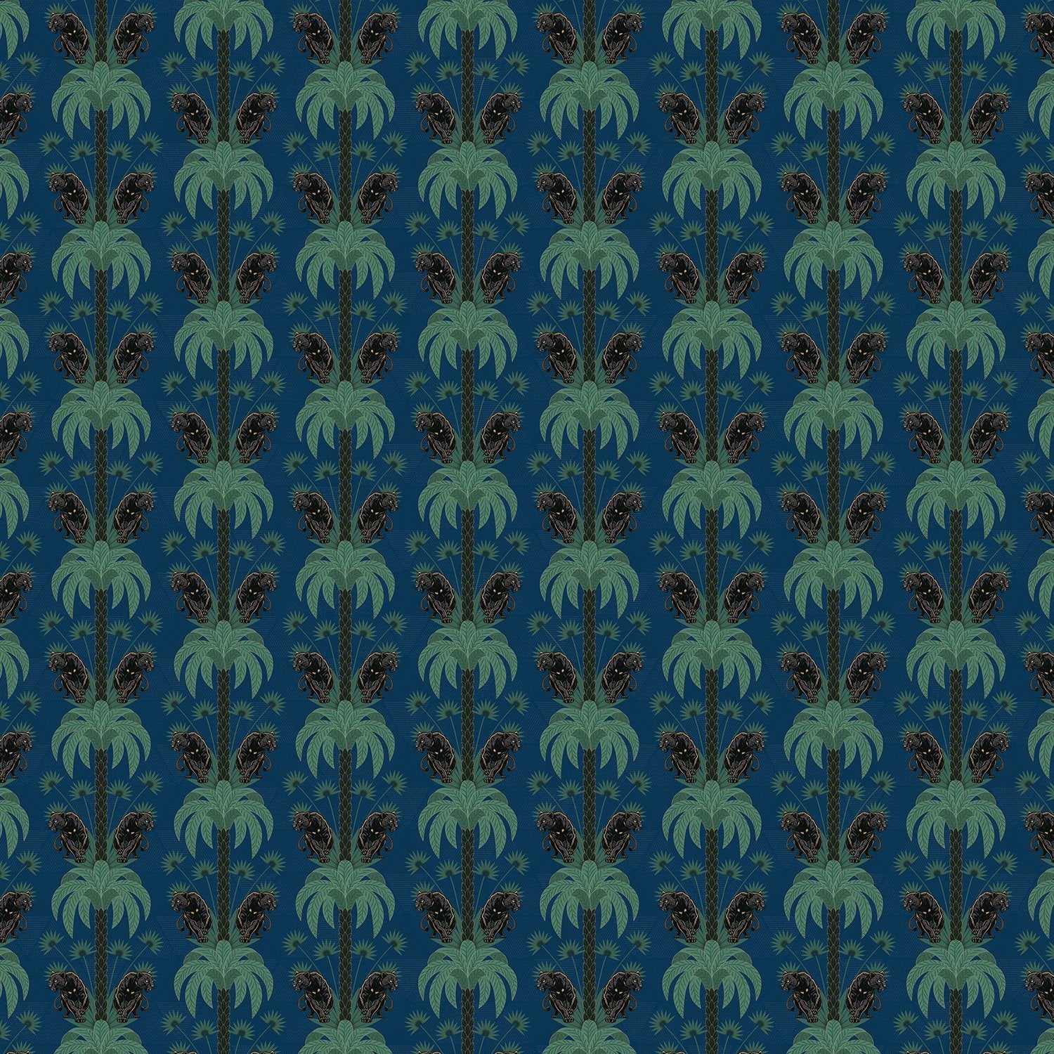 Dark emerald palm fronds arranged in elegant damask style repeat on black background - view 10 - final