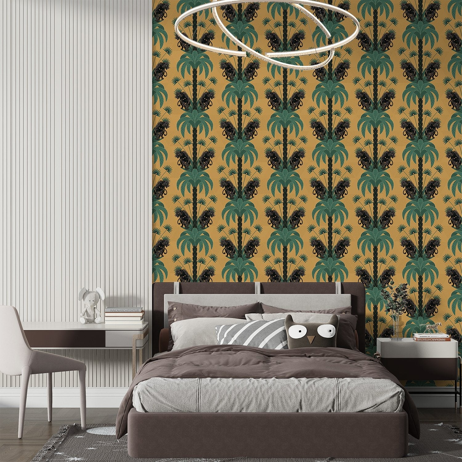 Dark emerald palm fronds arranged in elegant damask style repeat on black background - view 14 - final