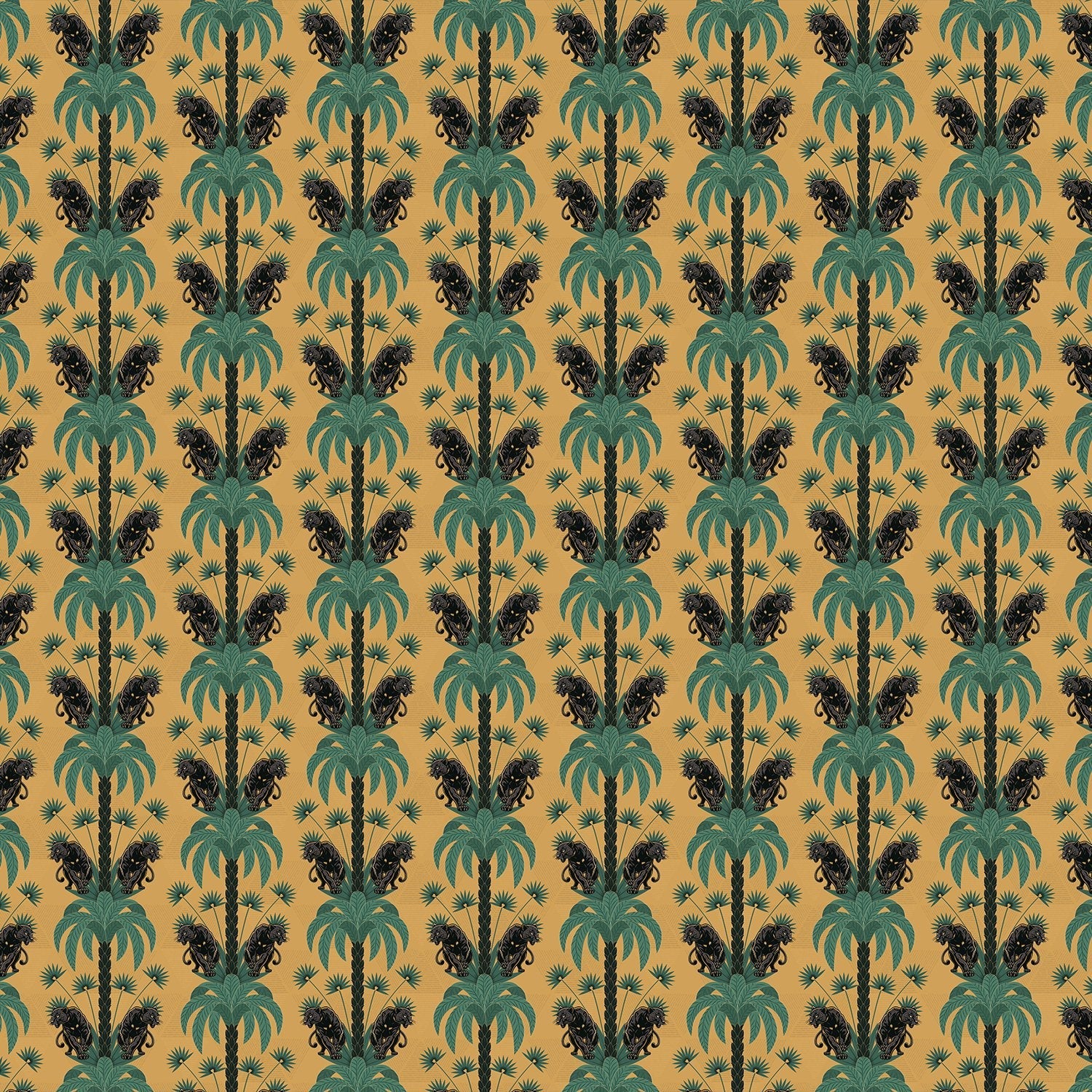 Dark emerald palm fronds arranged in elegant damask style repeat on black background - view 15 - final