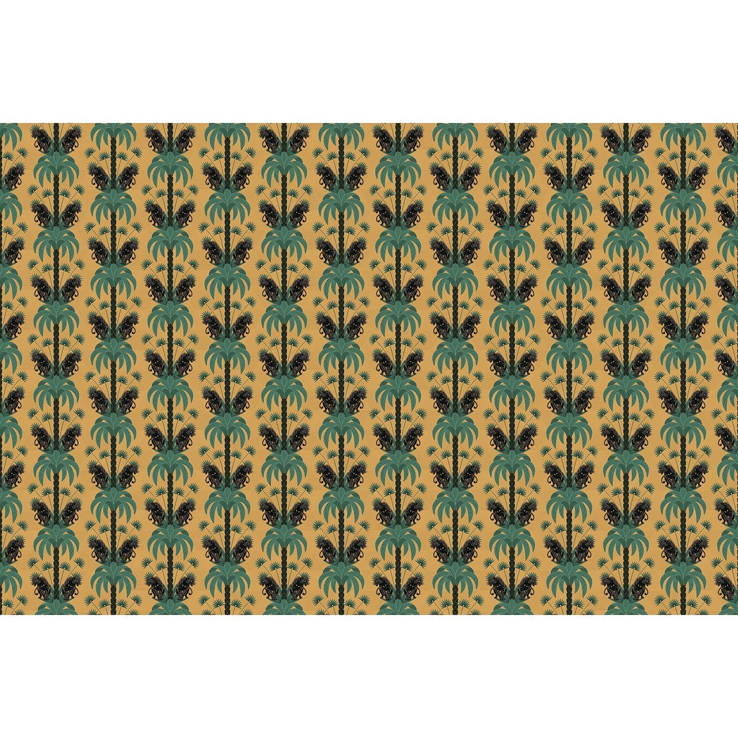 Dark emerald palm fronds arranged in elegant damask style repeat on black background - view 16 - final