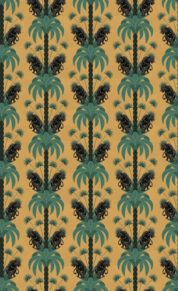 Dark emerald palm fronds arranged in elegant damask style repeat on black background - view 17 - repeat-original - final