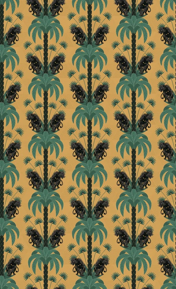 Dark emerald palm fronds arranged in elegant damask style repeat on black background - view 18 - repeat-small - final