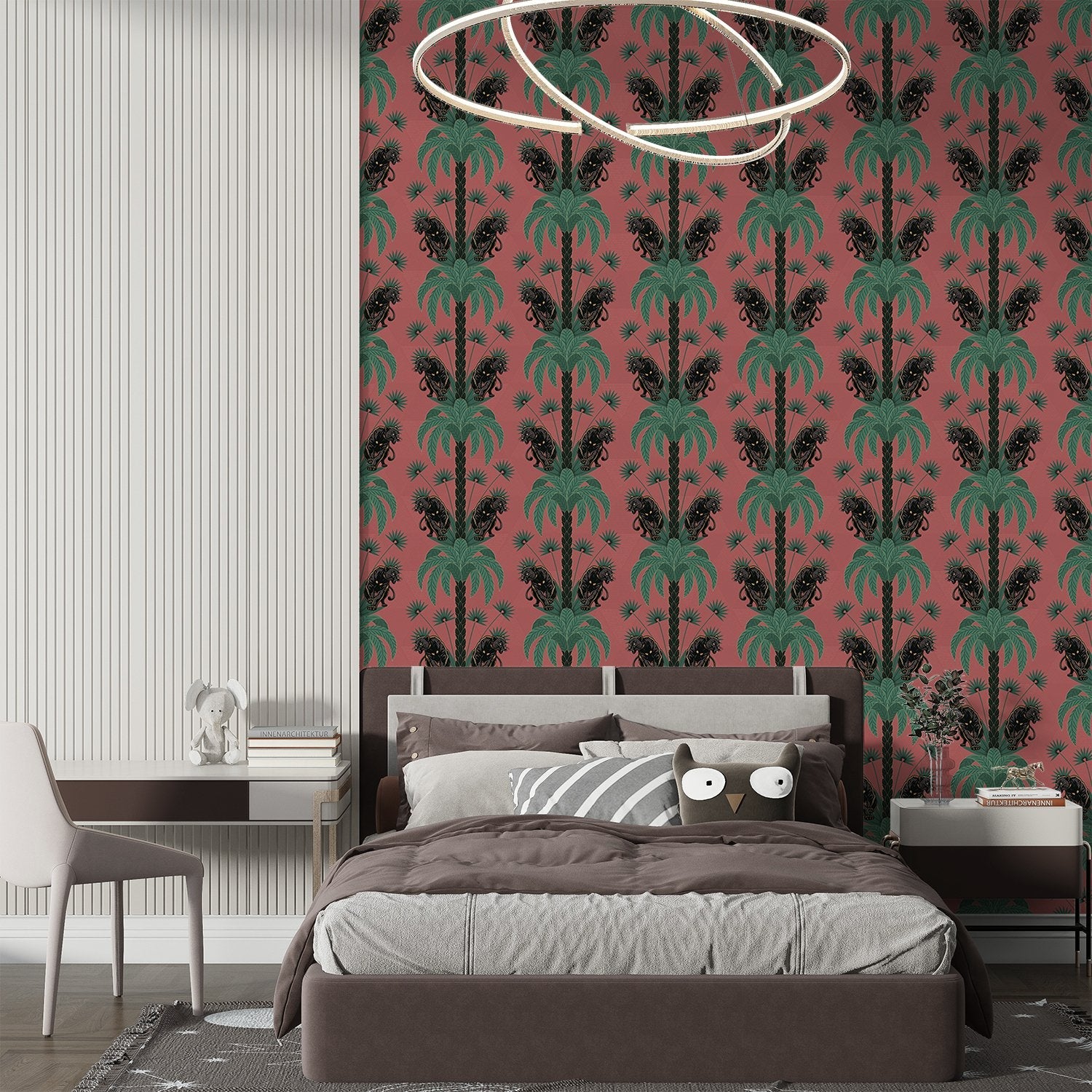 Dark emerald palm fronds arranged in elegant damask style repeat on black background - view 19 - final