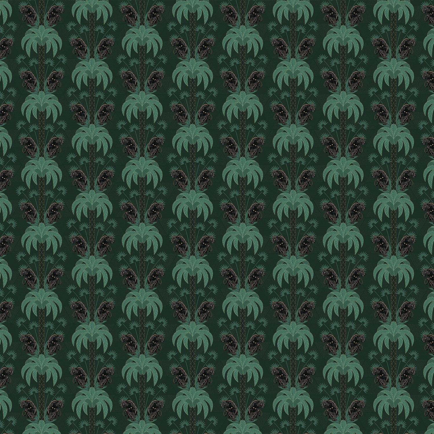 Dark emerald palm fronds arranged in elegant damask style repeat on black background - view 2 - final