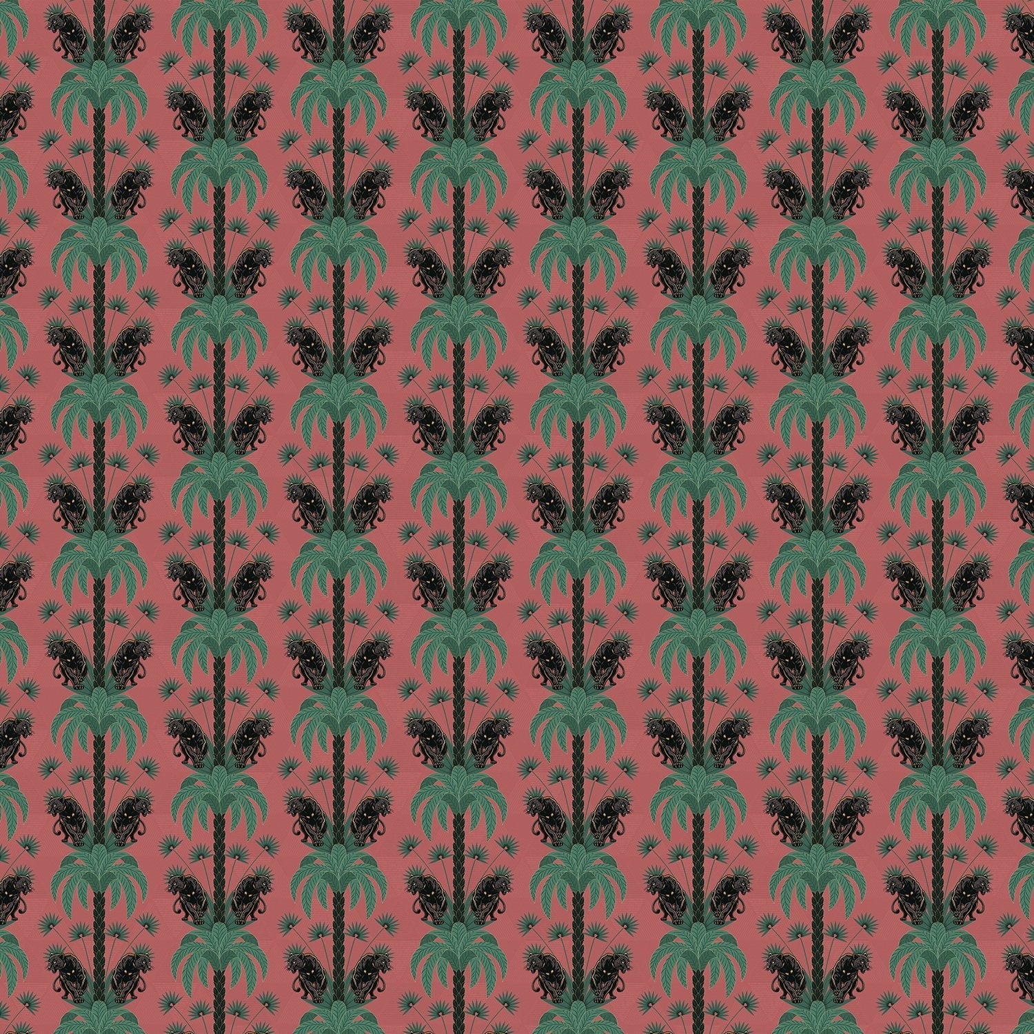 Dark emerald palm fronds arranged in elegant damask style repeat on black background - view 20 - final