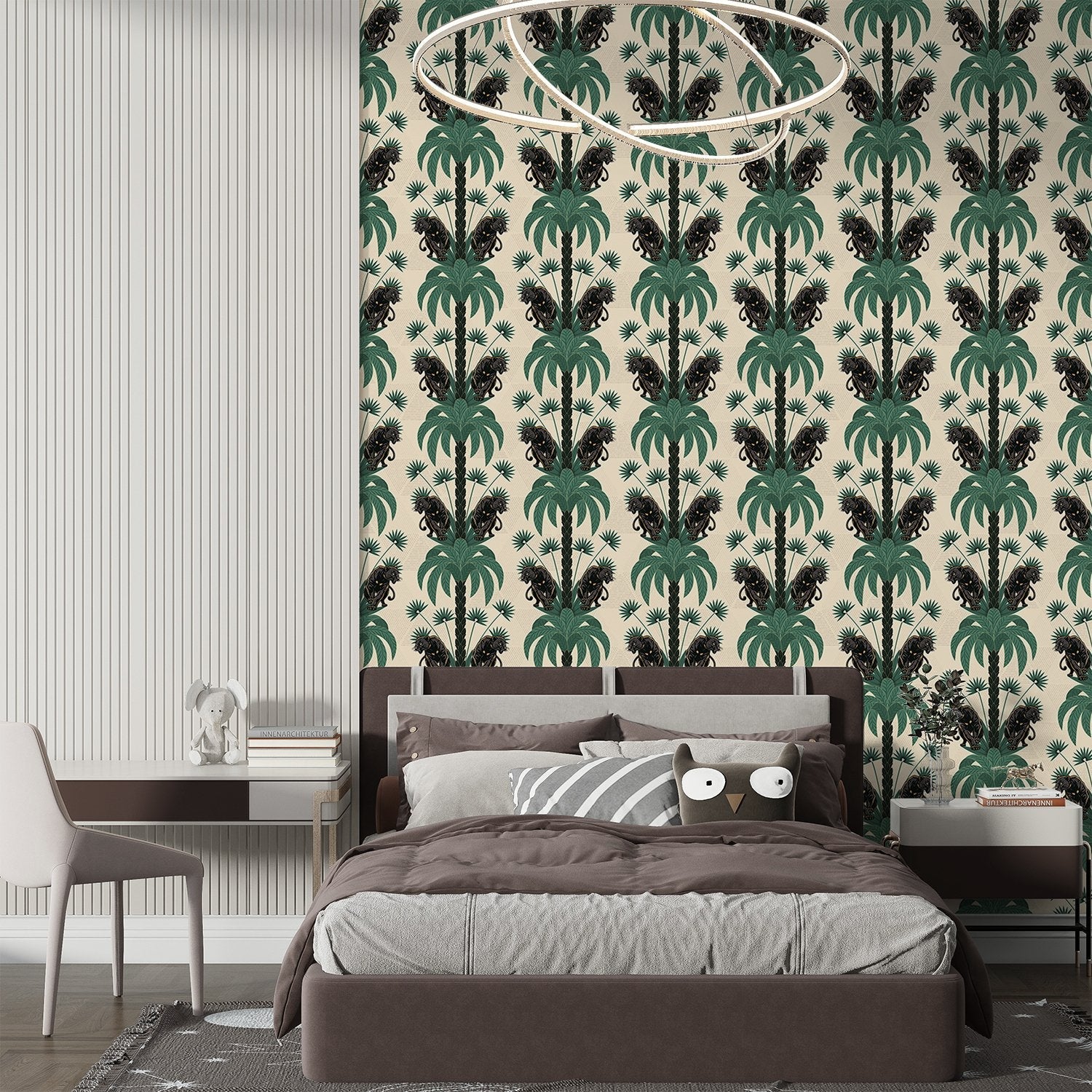 Dark emerald palm fronds arranged in elegant damask style repeat on black background - view 24 - final