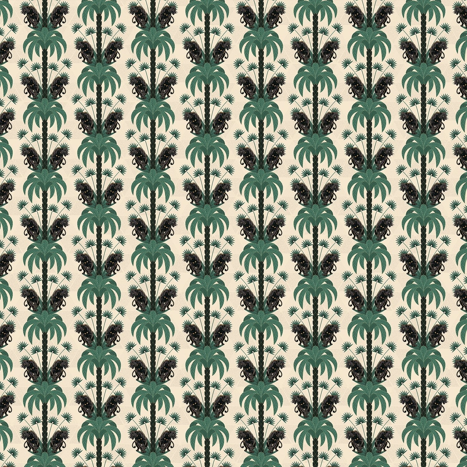 Dark emerald palm fronds arranged in elegant damask style repeat on black background - view 25 - final