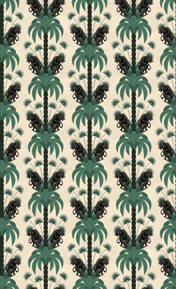 Dark emerald palm fronds arranged in elegant damask style repeat on black background - view 27 - repeat-small - final